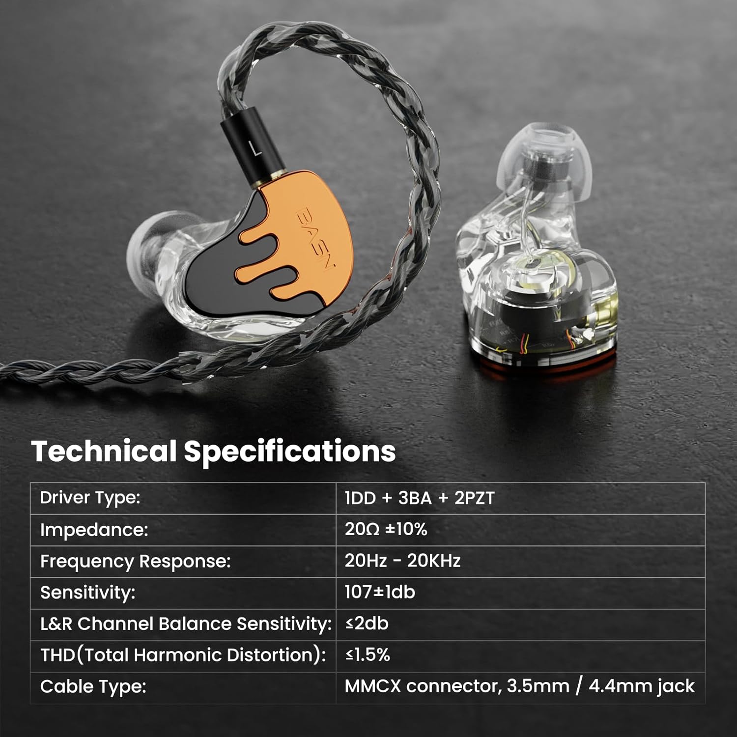 BASN BmasterX in Ear Audio Monitor, Hybrid 6 Drivers IEM Earphones with Crystal Clear Sound, Detachable Cable Plus Carrying Case Fit Kit for Musician, Stage, Studio (3.5mm & 4.4mm Jack, Orange/Black)