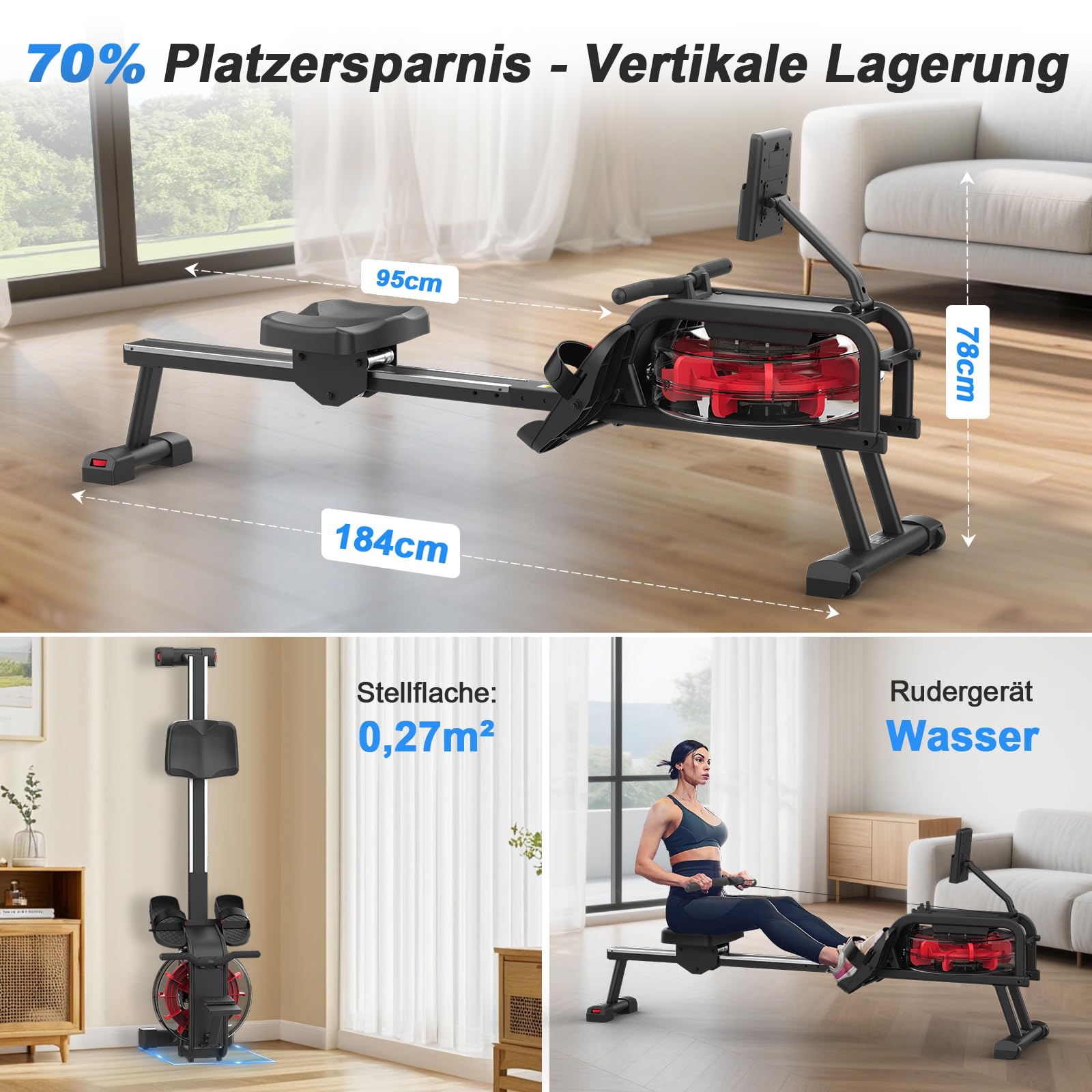 Neezee vogatore per casa con guida in alluminio, vogatore acqua con supporto per tablet, resistenza all'acqua e display LCD rematore
