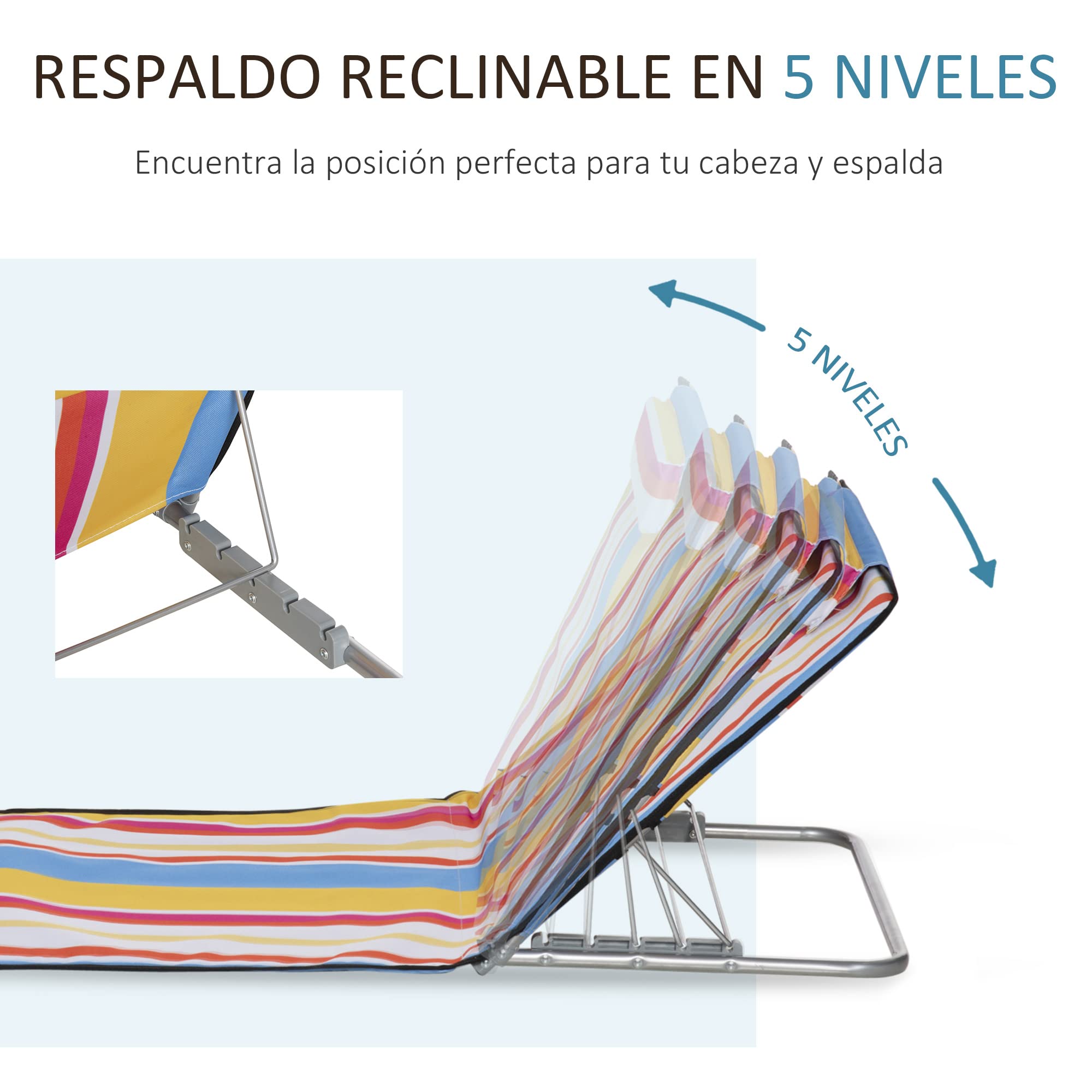 Outsunny Set de 2 Esterillas de Playa Plegables 124x53x45 cm con Respaldo Ajustable y Reposacabezas Esteras de Playa Portátil de Tela Oxford Acero con Bolsa de Transporte para Balcón Jardín Multicolor
