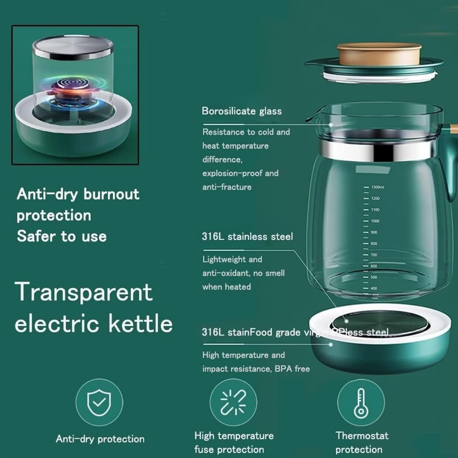 Glazen Waterkoker, 1,3L Intelligente Teiera Vetro