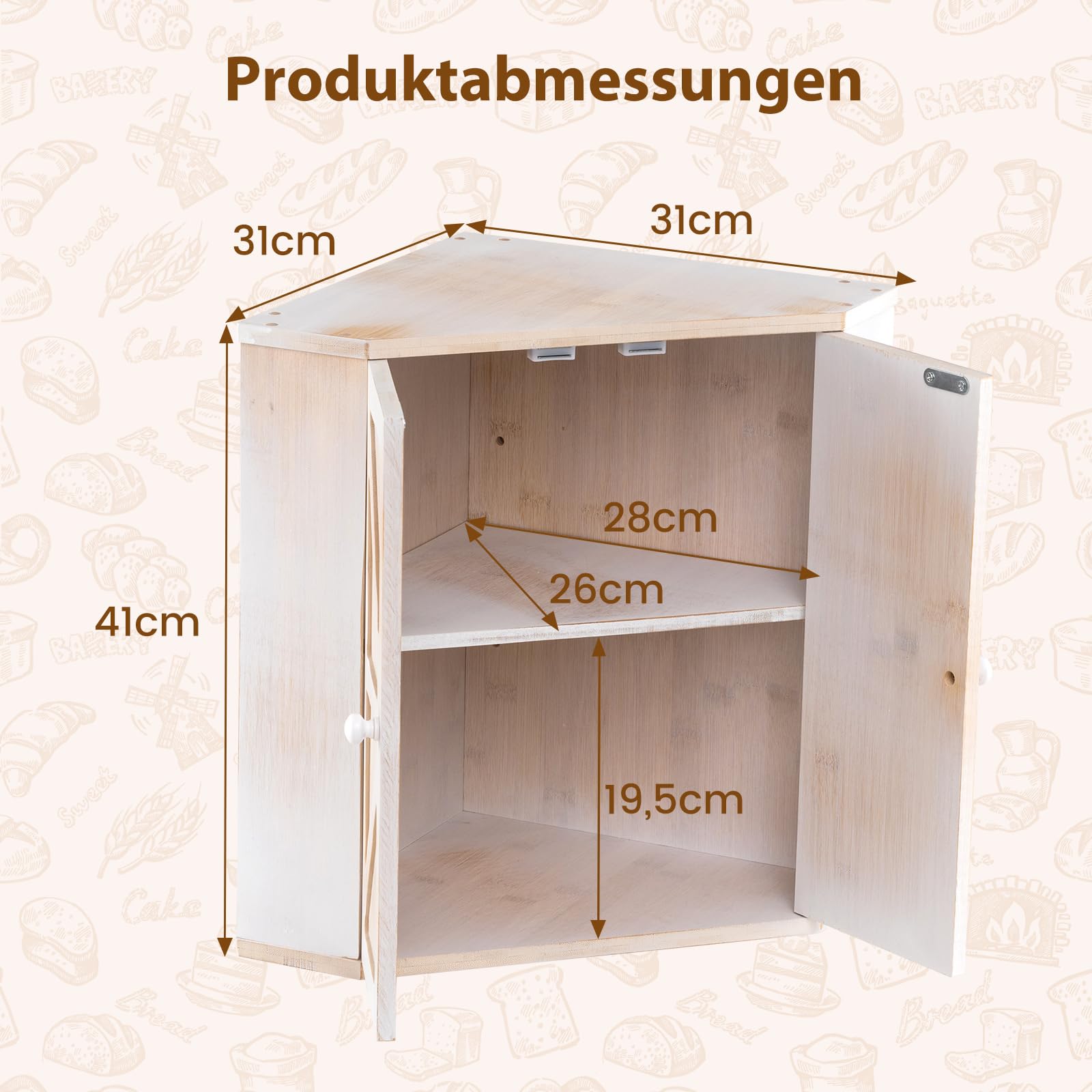 COSTWAY Brotkasten Bambus, Eck Brotbox 2 Etagen, Brot Aufbewahrungsbox mit verstellbarem Regal & 2 Türen, großer Brotbehälter für Küche, Bread Box stilvoll, 31 x 31 x 41 cm, Vintage