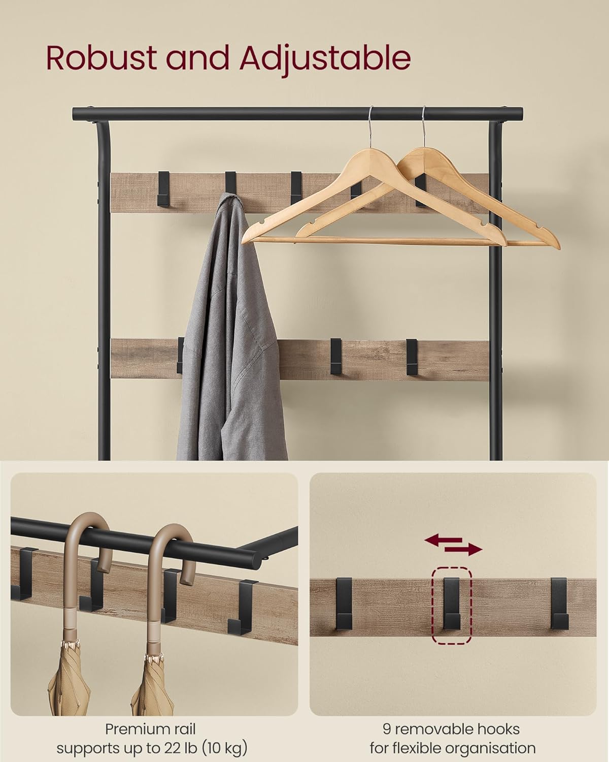 VASAGLE Coat Rack, Coat Stand with Shoe Storage Bench, 4-in-1 Design, with 9 Removable Hooks, a Clothes Rail, for Hallway, Entrance, 34 x 72 x 183 cm, Industrial, Camel Brown and Ink Black HSR040K02 72W cm Camel Brown