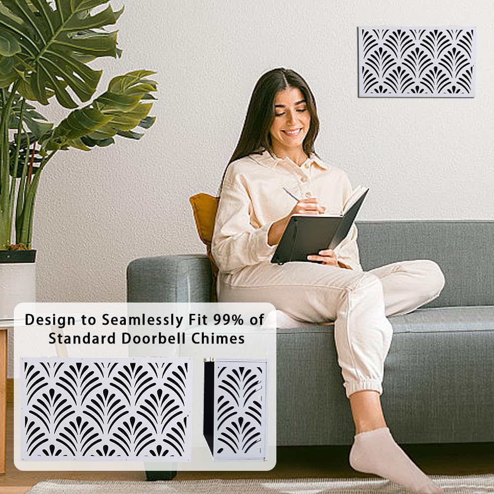Boîtier de Sonnette Blanc Moderne Couverture Cloche Motif Abstrait Éventail Bois Rectangle Décoratif Élégant Facile à Installer Mur Intérieur Extérieur Entrée Porche Maison Décoration