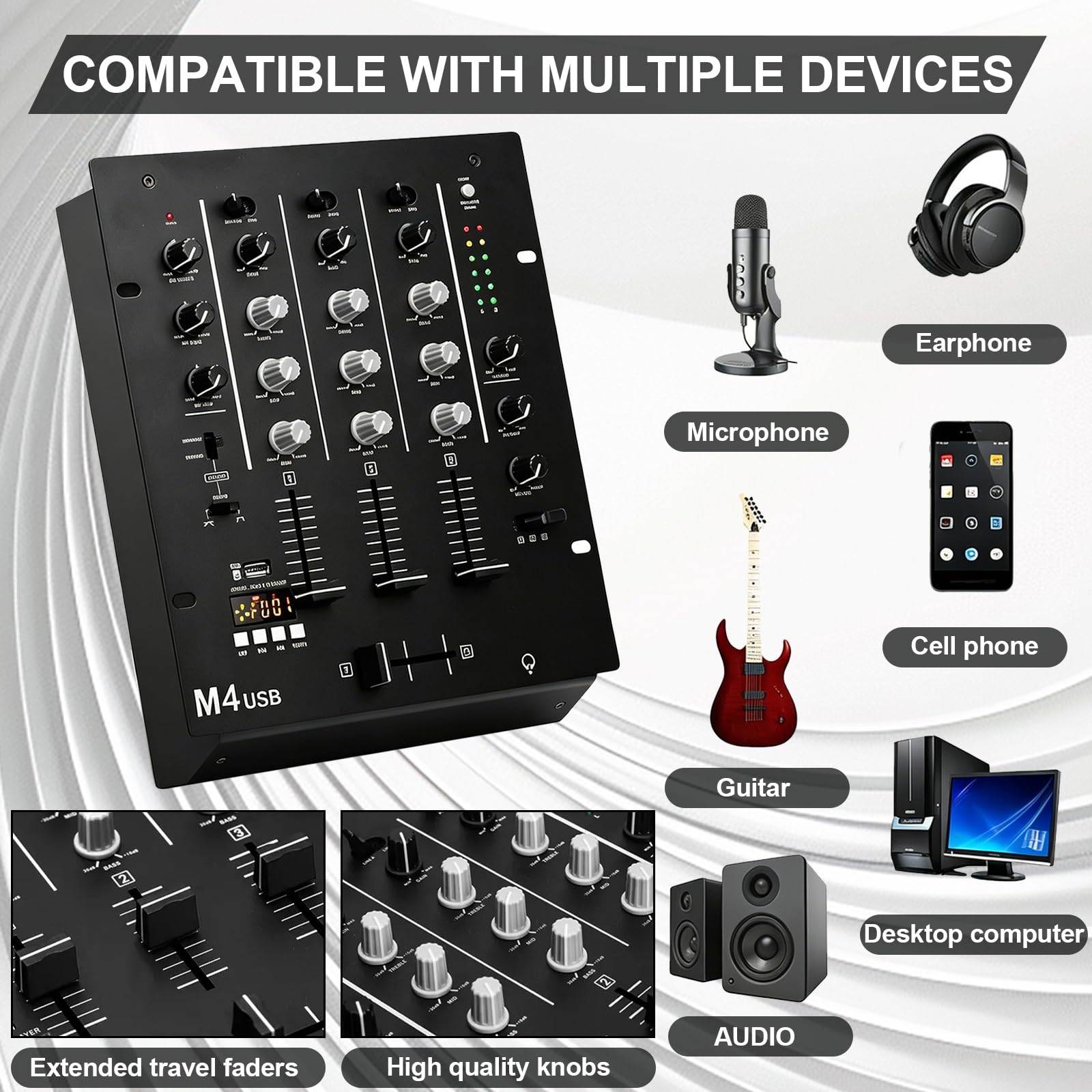 Mesa de Mezclas DJ 3 Canales, Mezclador de Audio DJ con Ecualizador 3 Bandas Control de Ganancia y Monitor de Preescucha Mezclador Estéreo MP3 para Fiestas Clubes y Karaoke