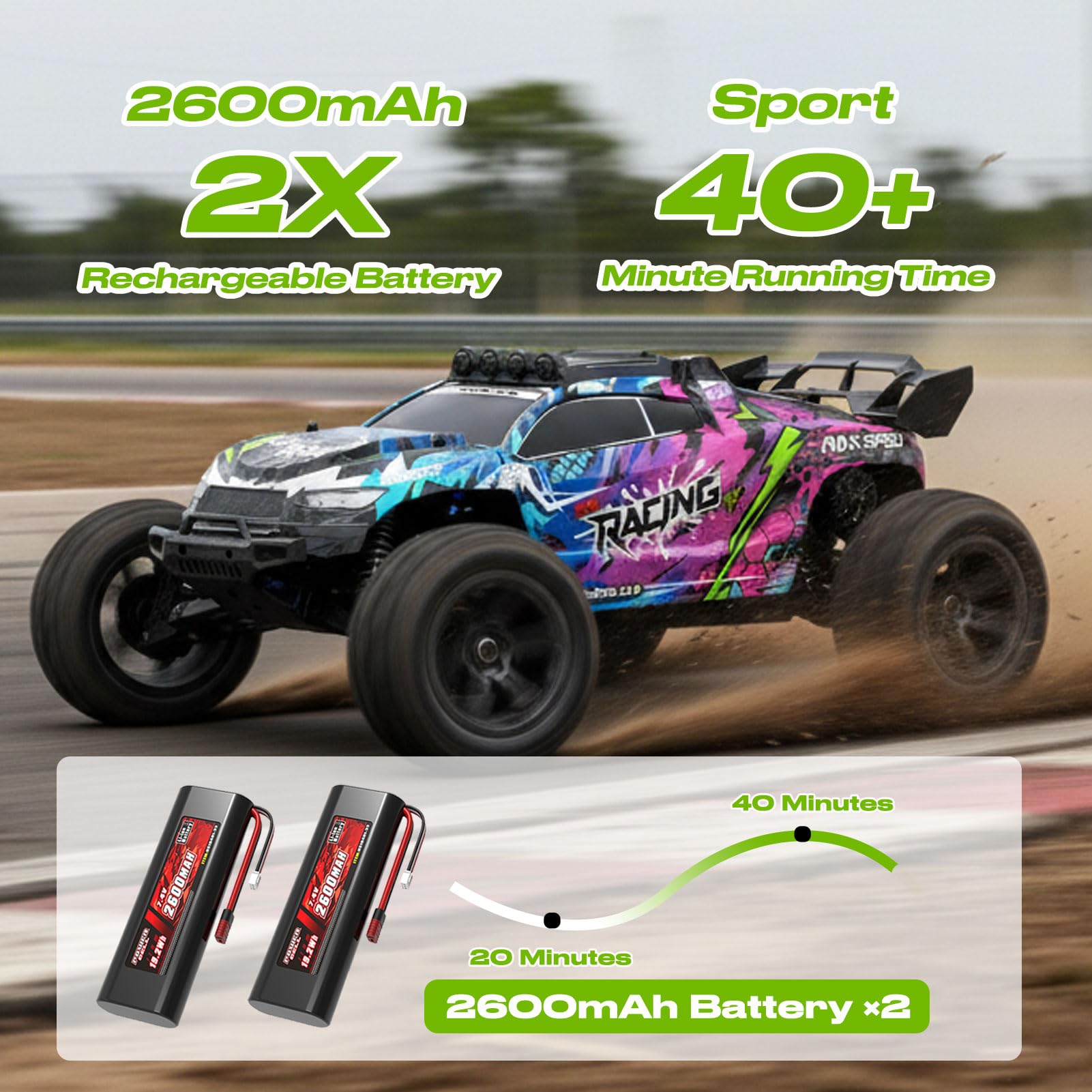 Coche RC 1:8 2WD 50KM/H con 2 Baterías 7.4V 2600mAh, Motor RC550, Control Proporcional 2.4GHz, Coche Todo Terreno con Luces LED, ESC 45A, Servo 6KG, Regalo Niño Adulto