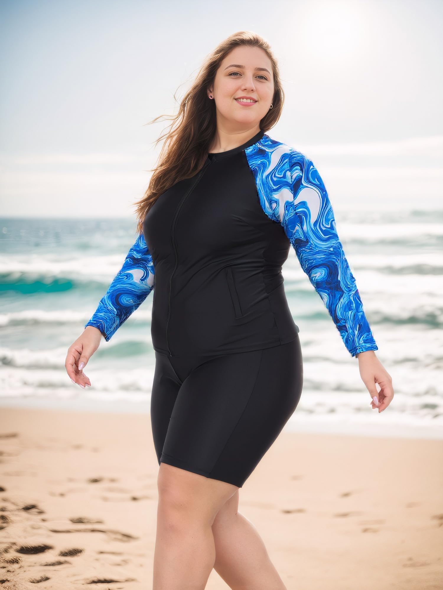 Owntop Damen Übergröße Rash Guard | 2-Teilige UPF 50+ Badeshirt | Langarm Reißverschluss Rashguard-Shirts & Hochtaillierte Boyshorts | Schnelltrocknend Badebekleidung Badeanzüge | Schwimmen Surfen