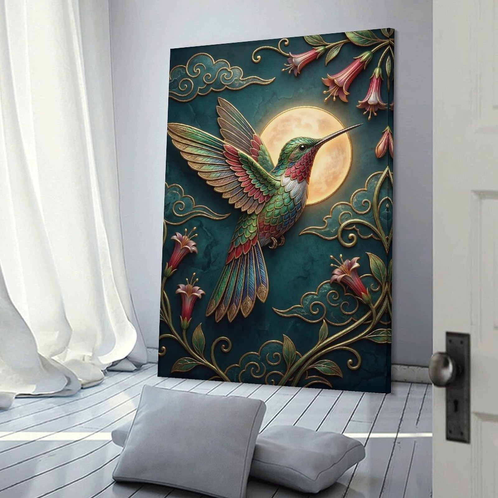 Junmoney Hummingbird with Moon And Flowers Canvas Wall Decor 24x36inch(60x90cm), for Home Lounge, Bedroom Or Reading Nook, A Home Accent with Warm Character