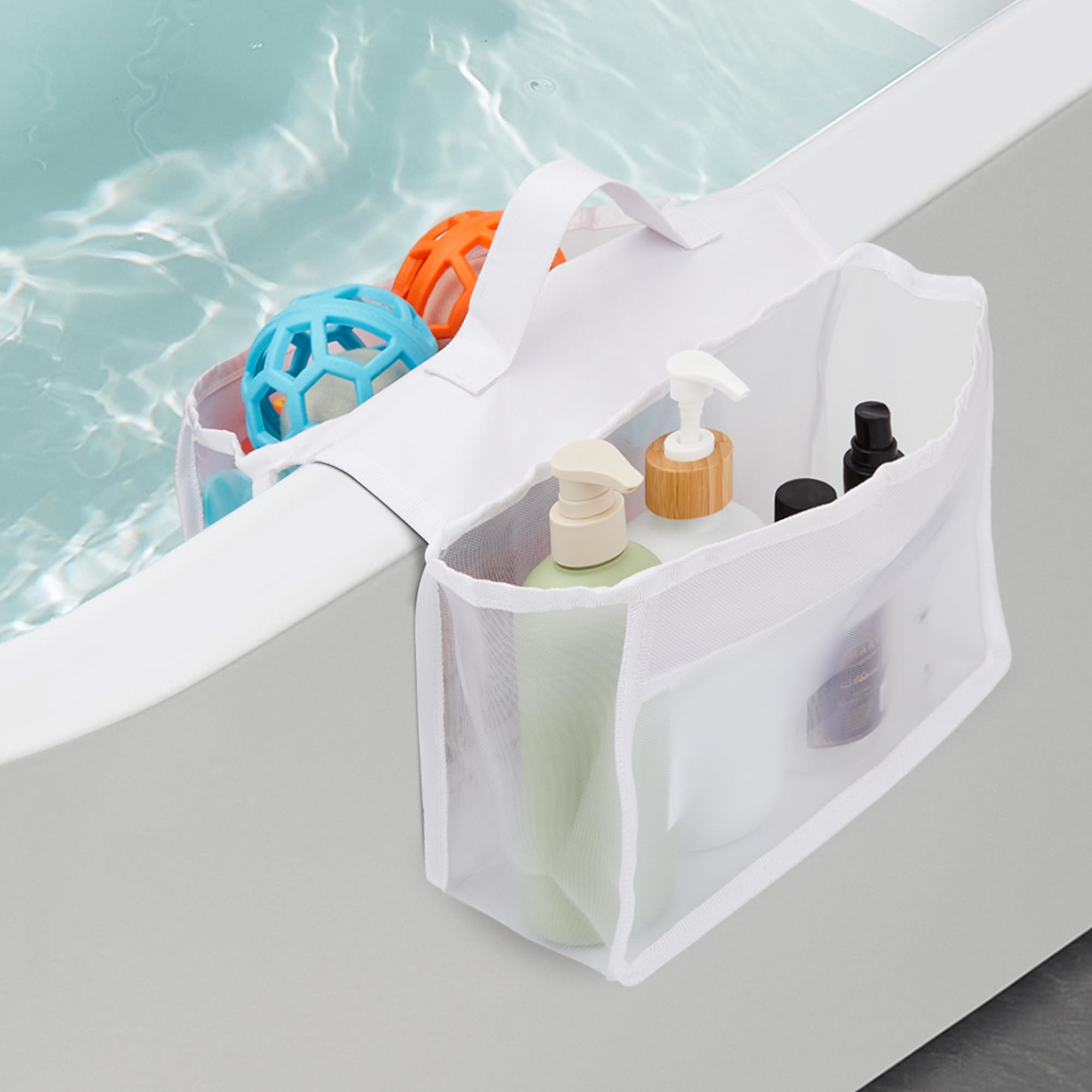 Dormercy Saddle Shape Bath Organizer 2 Compartments Wide Opening Bathtub Holder for Tub Bath Storage Organizer for Tub