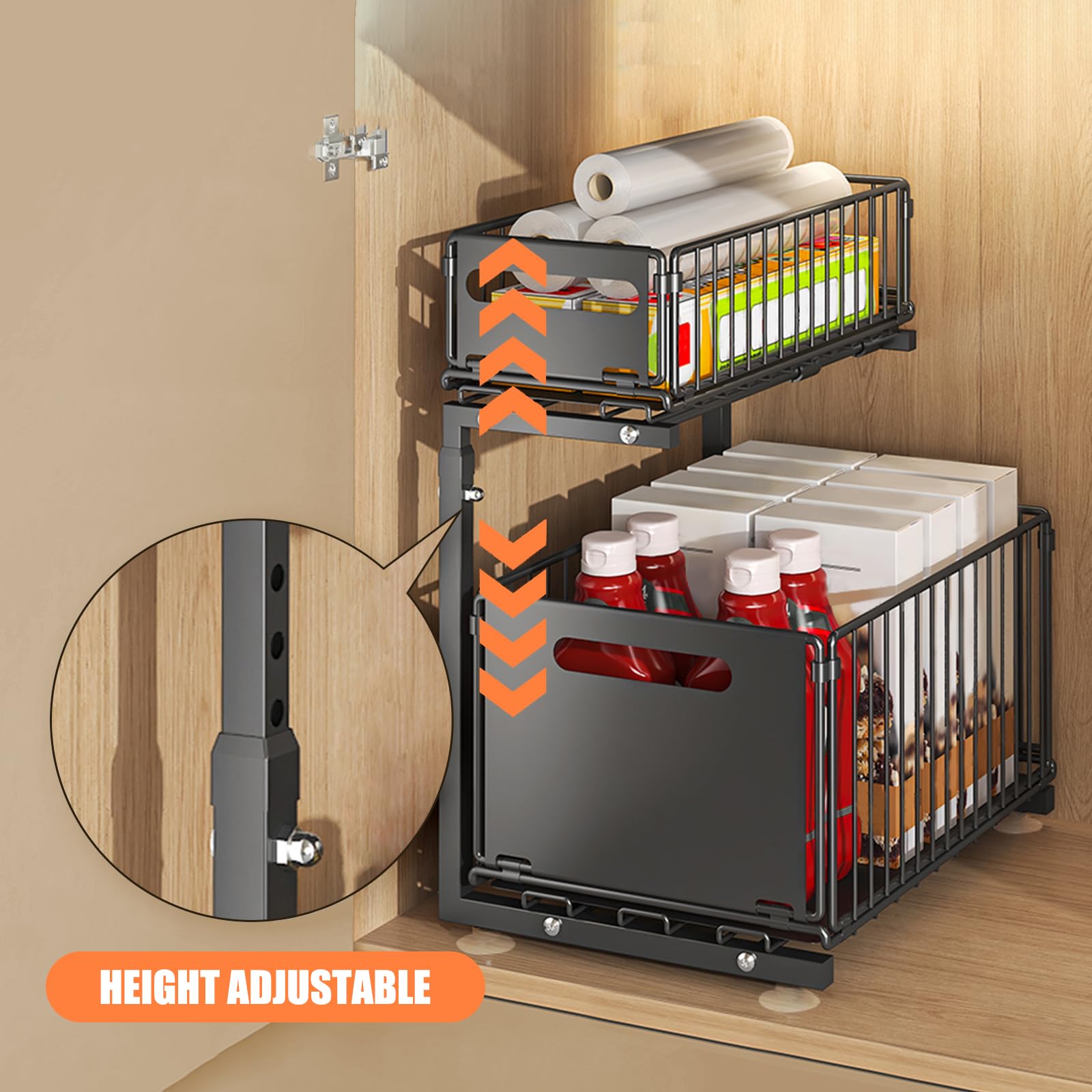 Supfine - Organizador bajo fregadero de 2 niveles con cajones deslizantes, acero al carbono, altura ajustable, almacenamiento bajo fregadero, para cocina, oficina, baño (2, negro)
