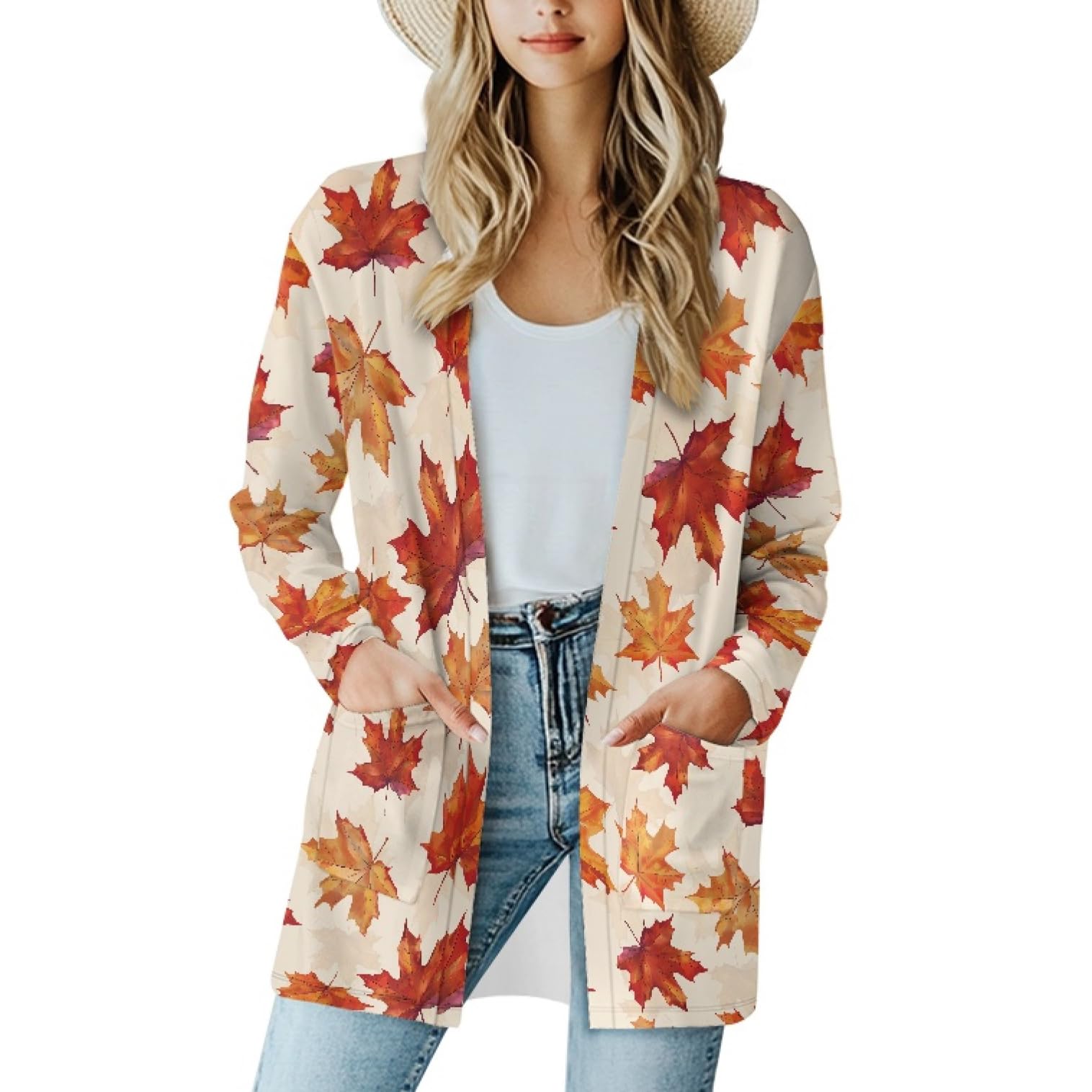 Fall Maple Leaf Cardigan Sweaters for Women Long Sleeve Cardigan Soft Drape Open Front Dusters V-Neck Jackets Dressy
