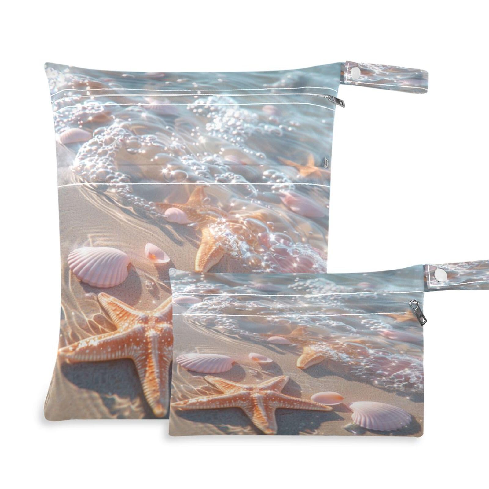 Coikll Wet Dry Bags for Cloth Diaper 2 Pack Waterproof Yoga Gym Bag for Swimsuit Wet Clothes Baby Items-?Sand and Seashells?