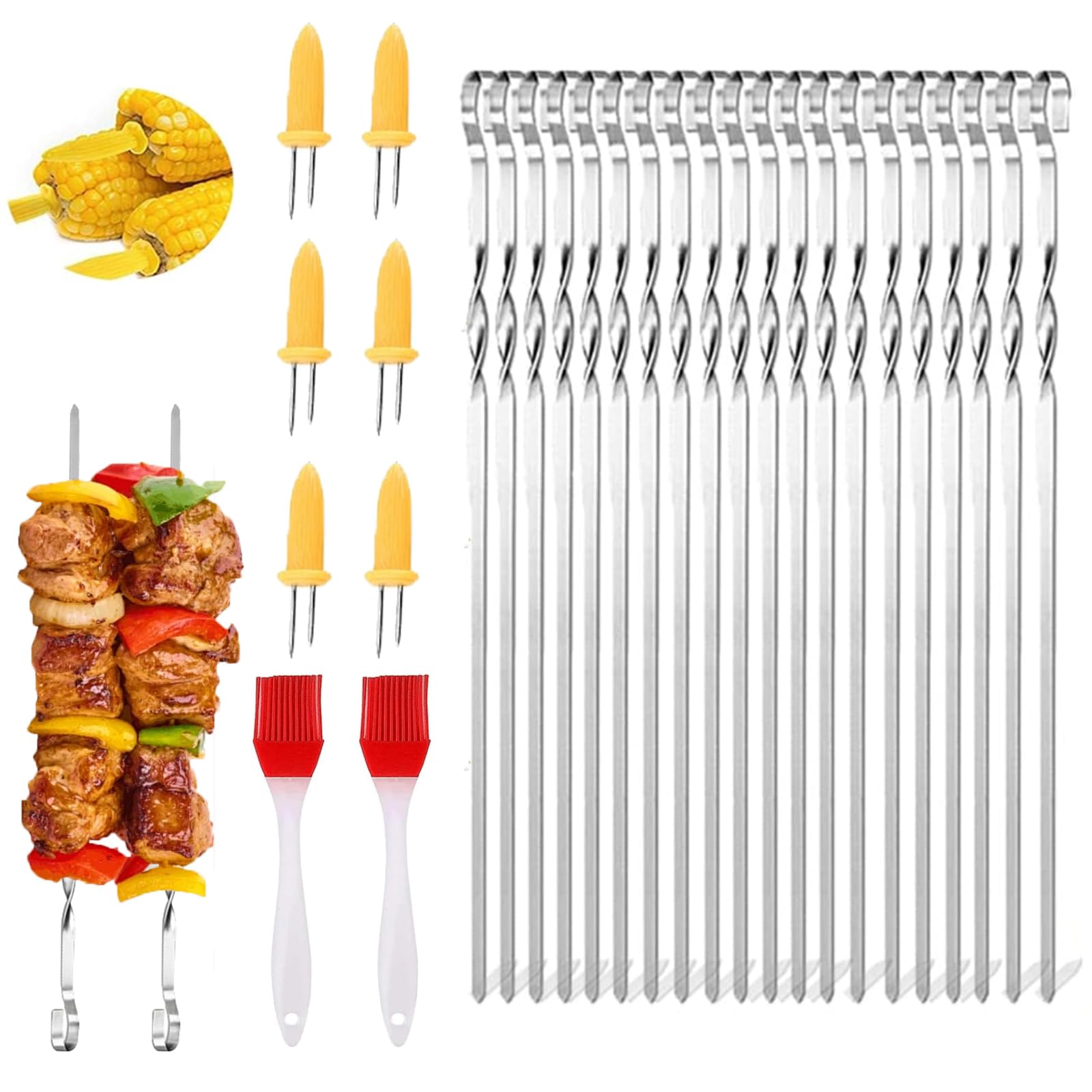 Spiedini In Acciaio Inox Per BBQ - 20 Pezzi + 2 Pennelli | Riutilizzabili E Sicuri