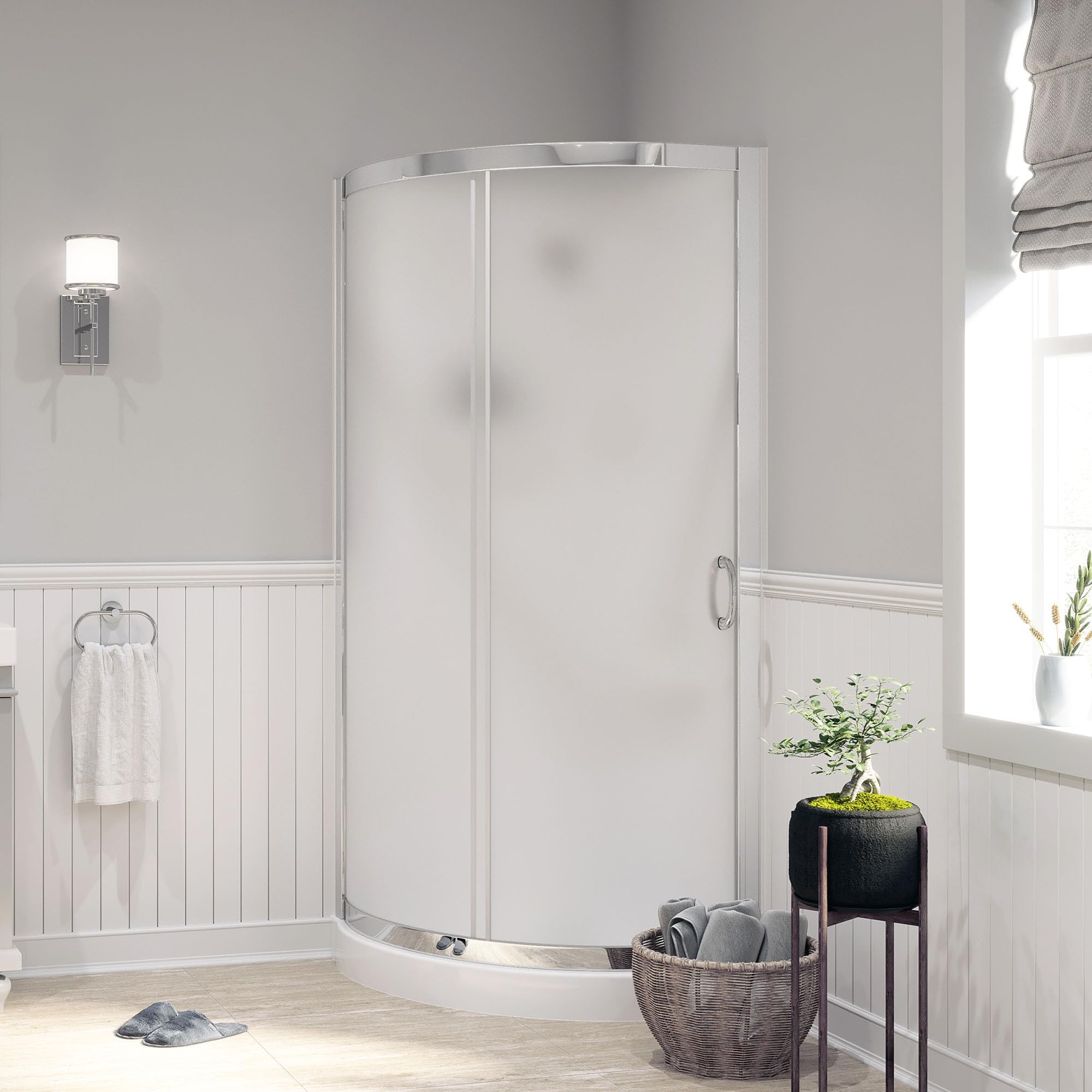 Breeze 32 in. Corner Shower Frosted Sliding Door with Included Base in Chrome Finish