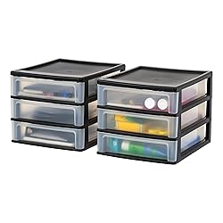 IRIS USA Plastic Stacking Desk Top 3-Drawer Storage Organizer, 2-Pack, for Makeup Vanity Nail Polish Bathroom Stationery Art Craft Supplies Kitchen Office Garage and Small Organization, Medium, Black