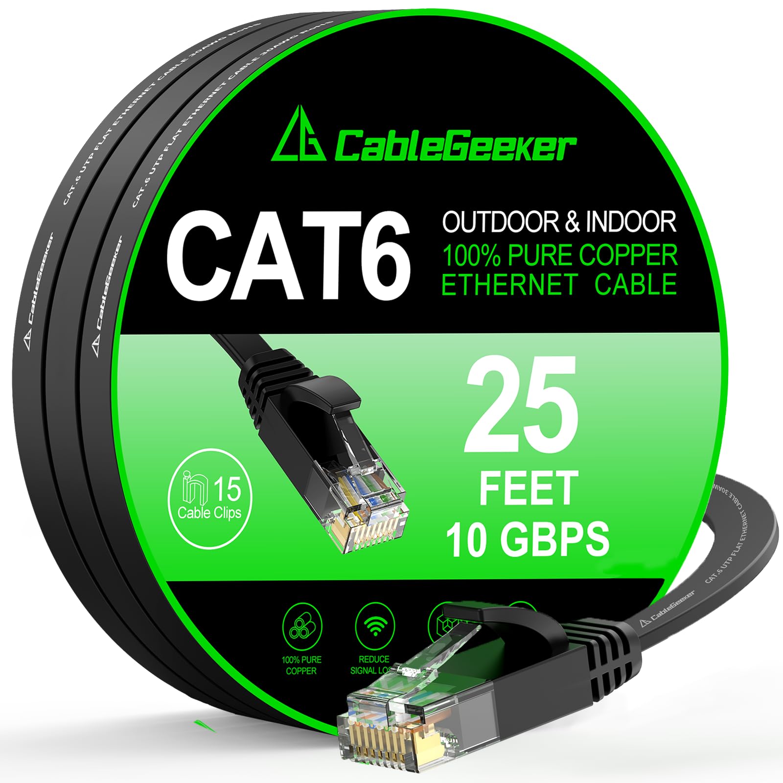 Cat 6 Ethernet Cable 25 ft, Indoor&Outdoor, High Speed 10Gbps Flat Internet Network Cable, Pure Copper Ethernet Patch Cable Long, Computer LAN Cable with Clips & Straps for Router, Modem, PS4/5, Black