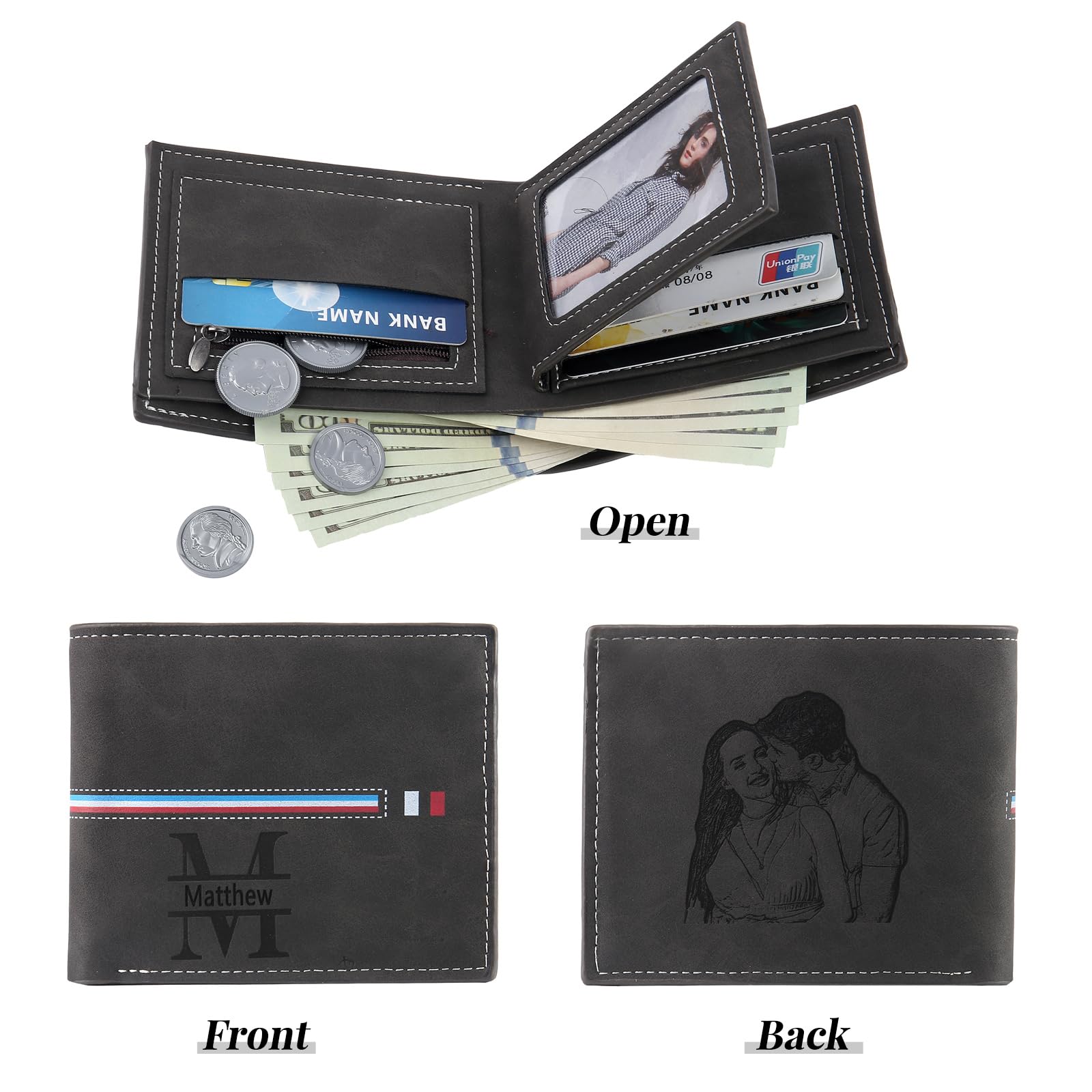Portefeuille Personnalisé pour Homme, Portefeuille en Cuir Gravé des Initial et du Nom, Portefeuille RFID pour Homme, Cadeau Fête des Pères, Cadeaux d'anniversaire pour Mari (Noir)