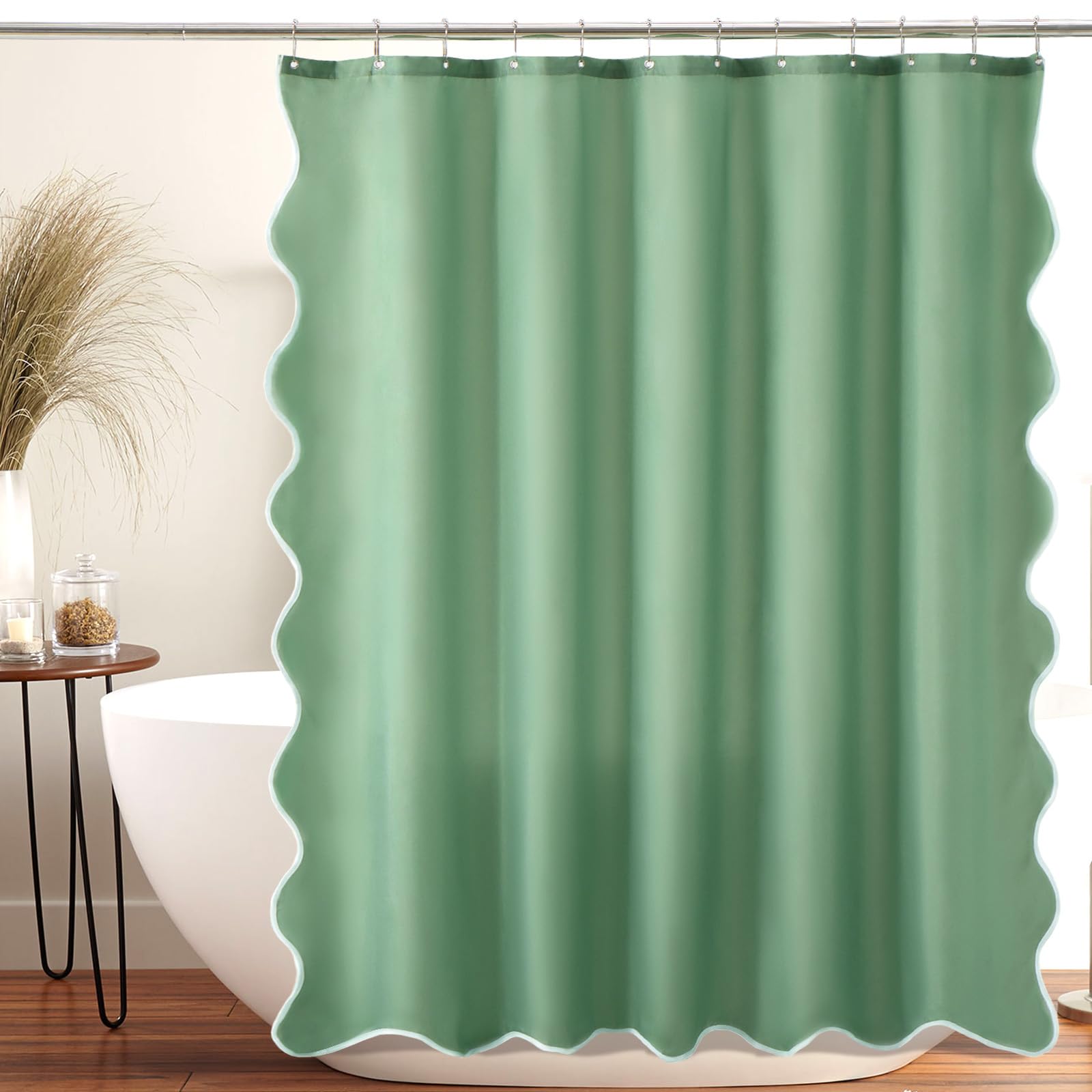 ORTIGIA Green Shower Curtain, Cute Sage Green Scalloped Ruffle Shower Curtains Aesthetic Preppy Boho Waterproof Fabric for Bathroom Decor with Metal Hook 72 W x 72 H Inch