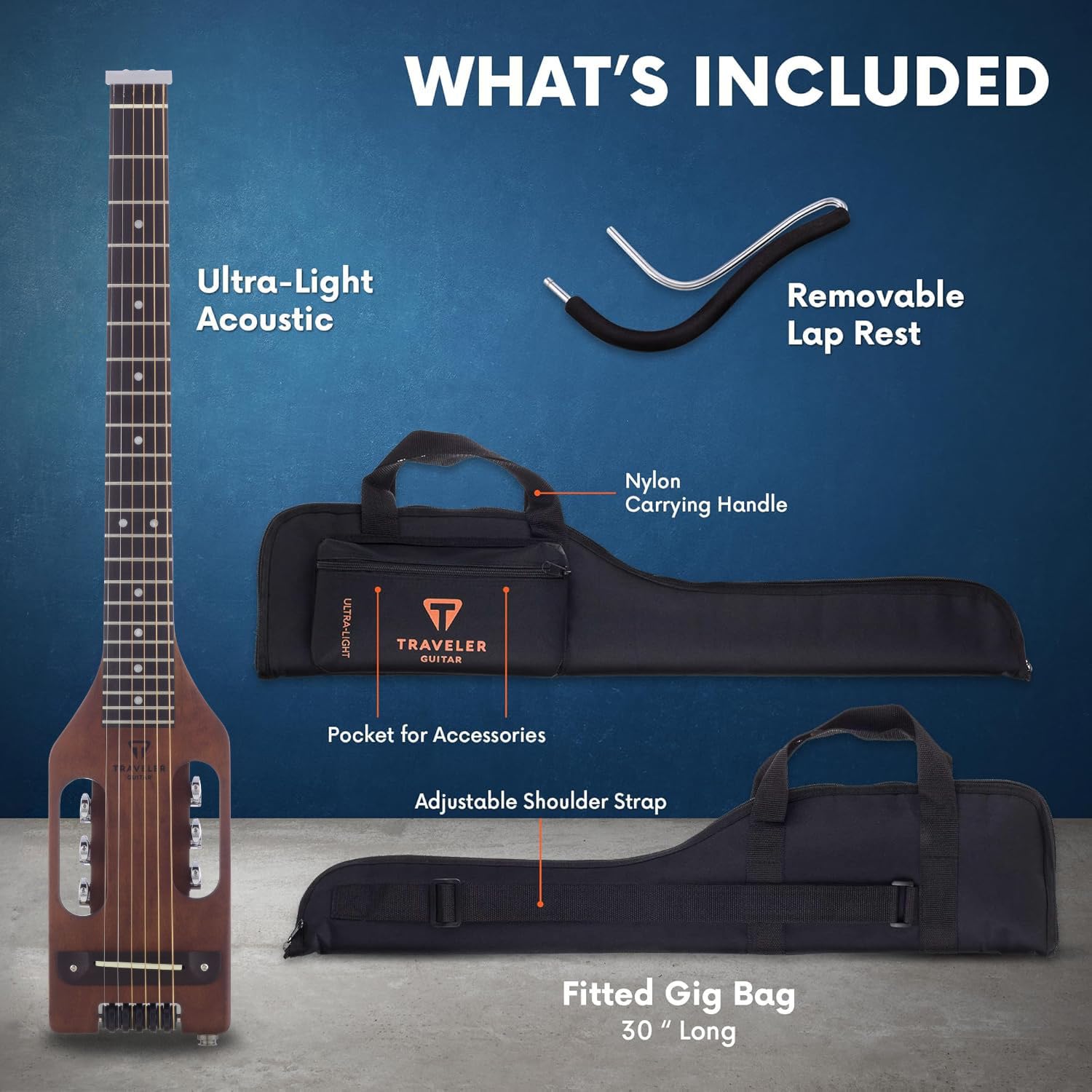 Traveler Guitar Chitarra acustica ultra leggera, per mancini, con poggiapolsi rimovibile, in scala completa da 24 3/4", con custodia personalizzata inclusa