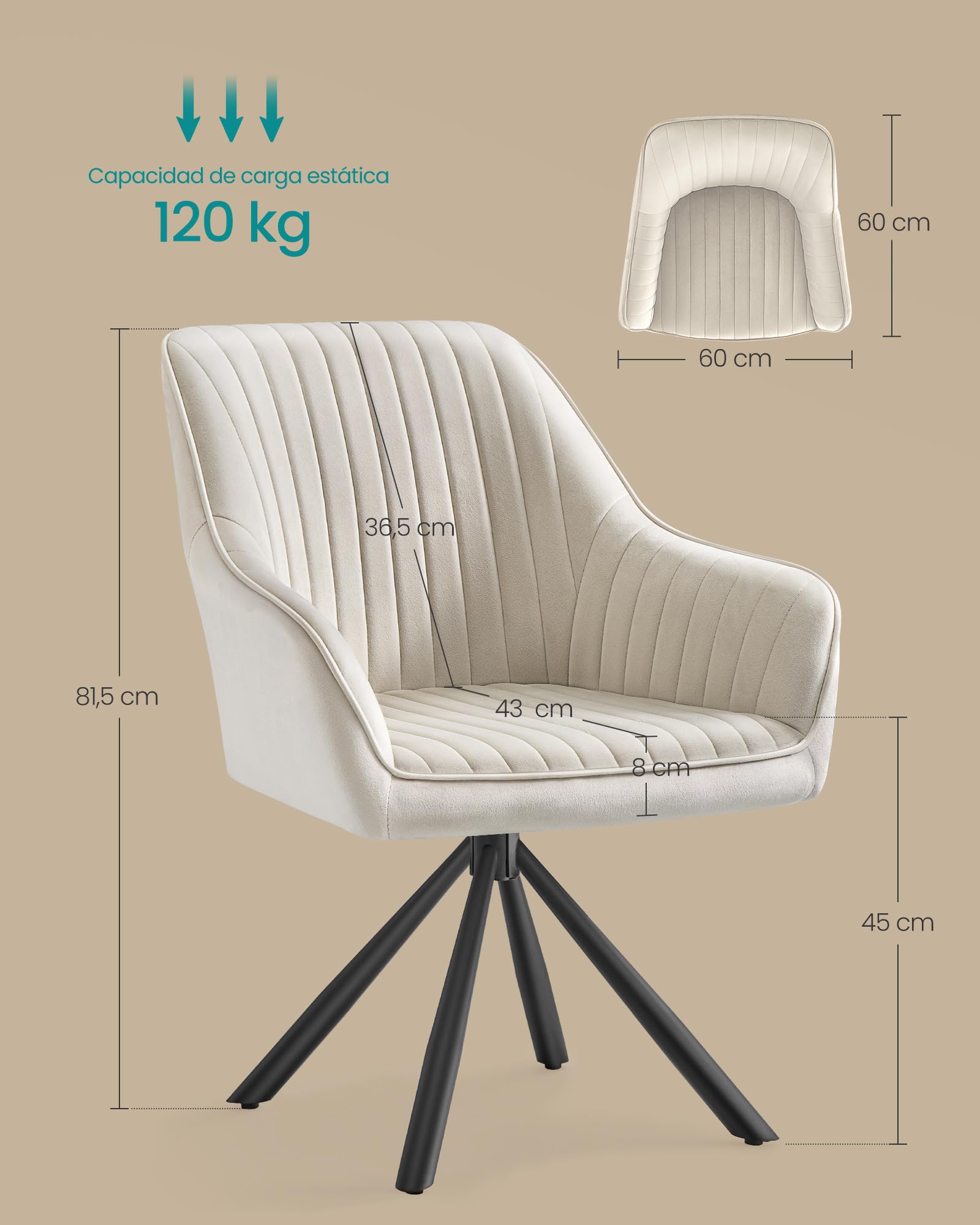 SONGMICS Silla de Comedor, Sillón Giratorio, Terciopelo, Tapizado con Reposabrazos, Capacidad de Carga 120 kg, Patas de Acero, para Comedor, Cocina, Beige Capuchino y Negro Tinta KDC161LH01
