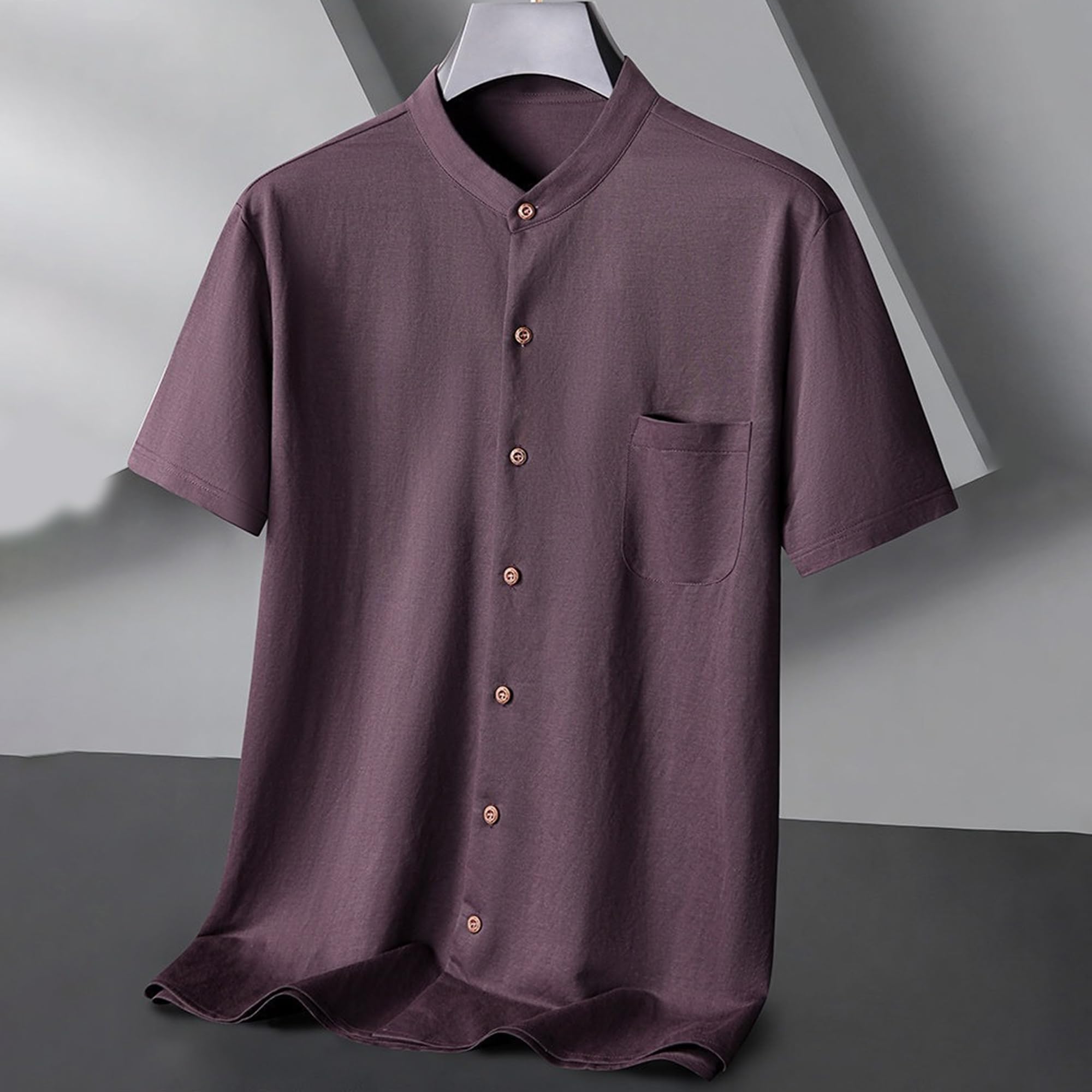 Camisa formal de manga corta con botones para hombre, para uso diario, casual, ajuste regular, texturizada, para verano, cuello alto, camiseta fina
