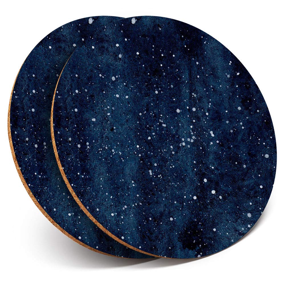 2 x Round Coasters - Watercolor Dark Navy Night Sky Stars Art - Cork Backed Home Kitchen Accessory Tea Coffee Mug Mat #24407