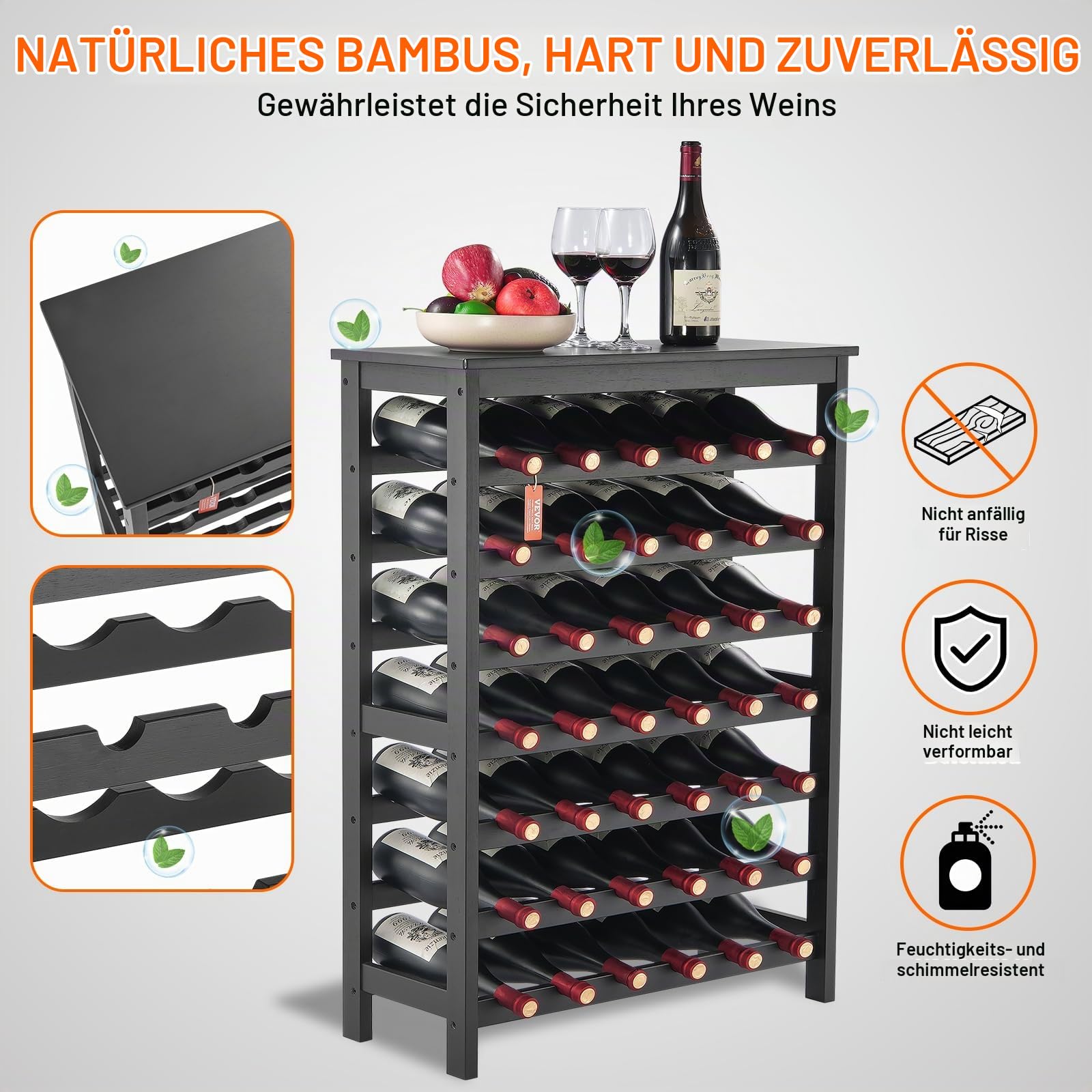 VEVOR Weinregal 42 Flaschen, stabiles Flaschenregal, 7-stufiges Lagerregal aus massivem Bambusholz, freistehendes Weinregal, wackelfreie Regale für Küche, Bar und Keller (schwarz)