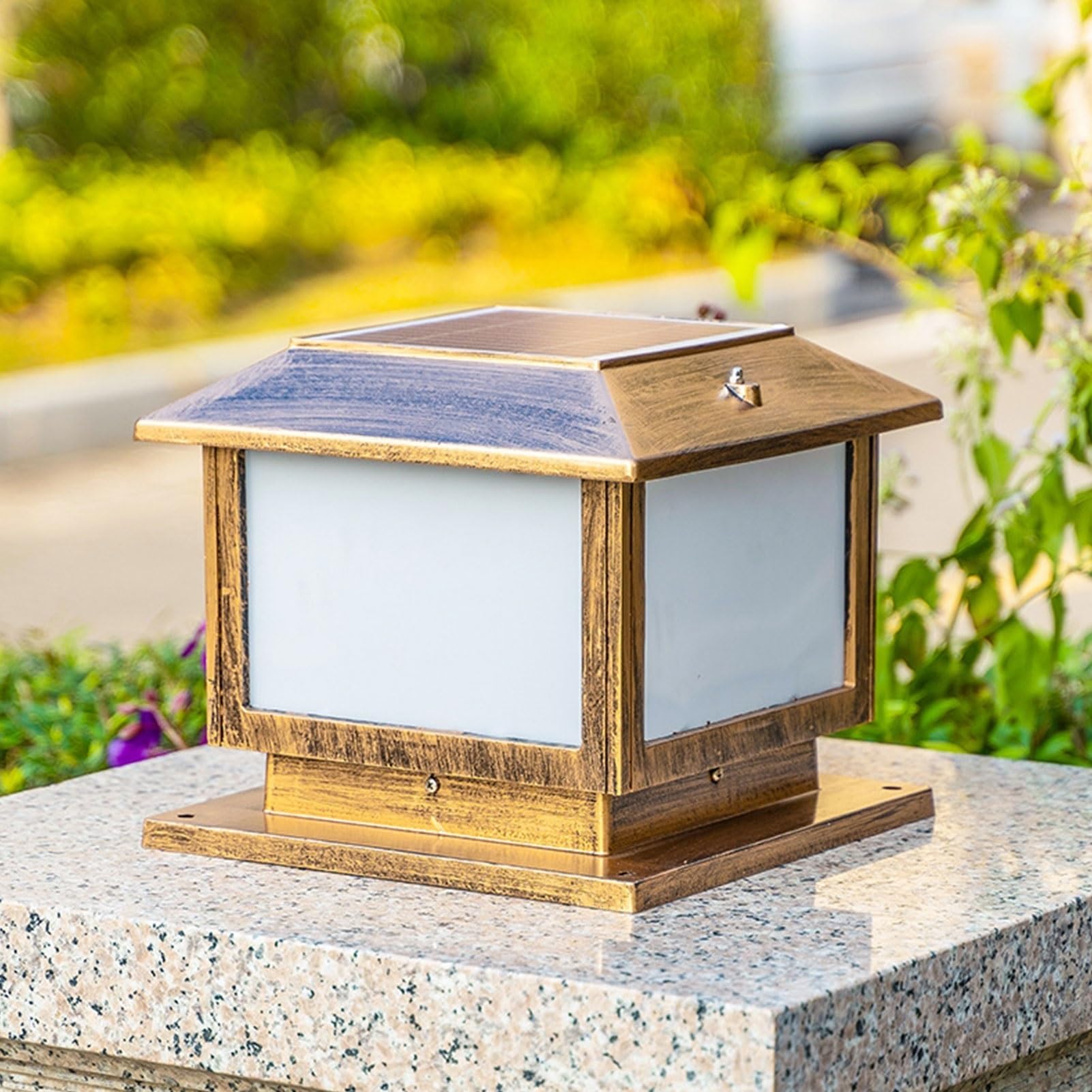Solar Square Column Lights IP54 Waterproof Safety Pillar Lamp Villa Gate Landscape Aluminum Street Lantern Palace Retro Decoration Outdoor Courtyard Door Patio Garden Post Light (Brown 50cm)