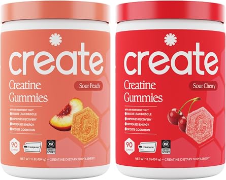 Create Creatine Monohydrate Gummies - Peach Pump Duo - Sour Peach & Sour Cherry - Creatine Gummies for Women & Men, NSF Certified, 3rd Party Tested, Anti-Melting Formula, 180 Count 2-Pack