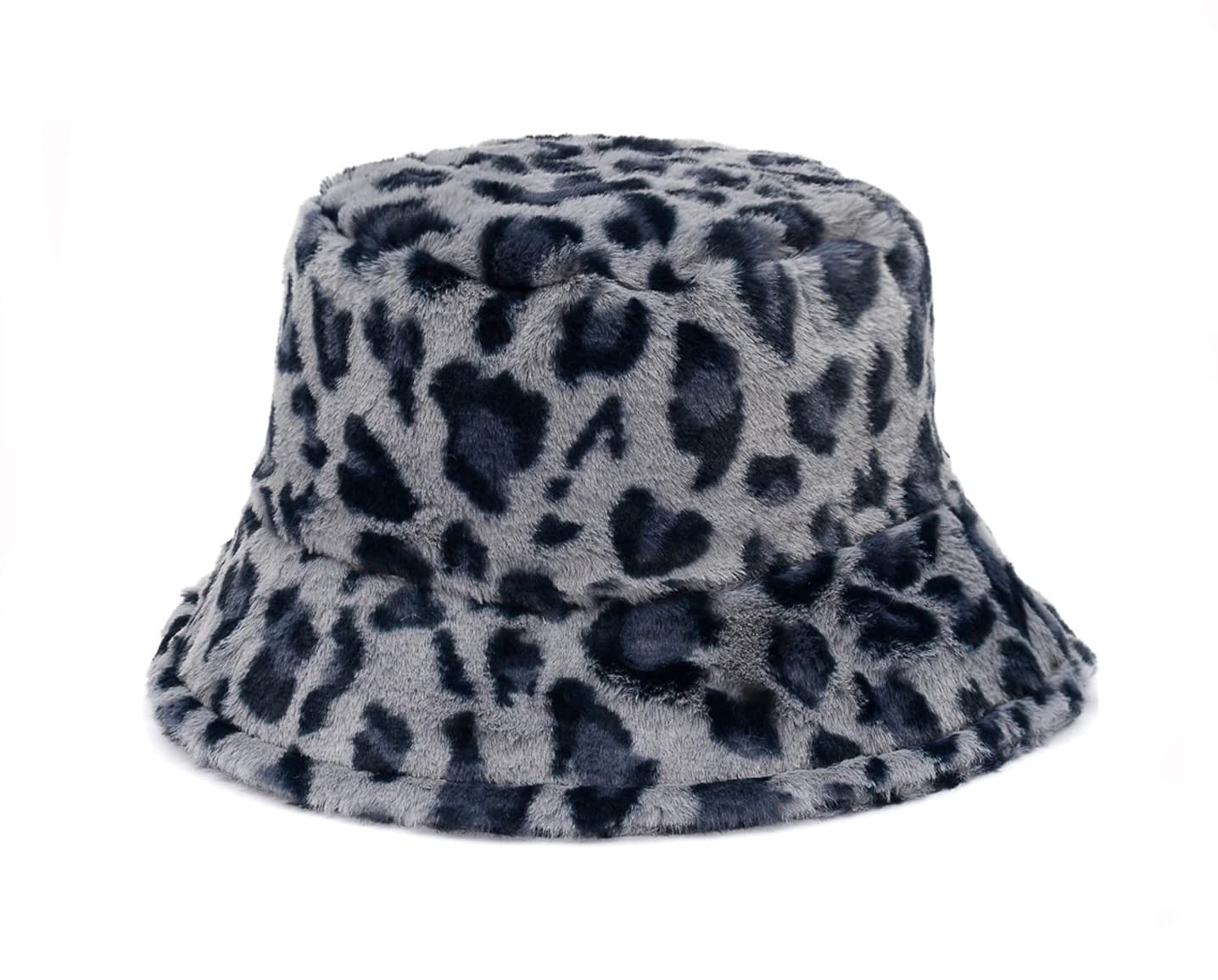 Kgm Unisex Grey Leopard Print Soft Fleecy Faux Fur Bucket Fisherman Hat - Festival Summer Winter Hats (Grey)