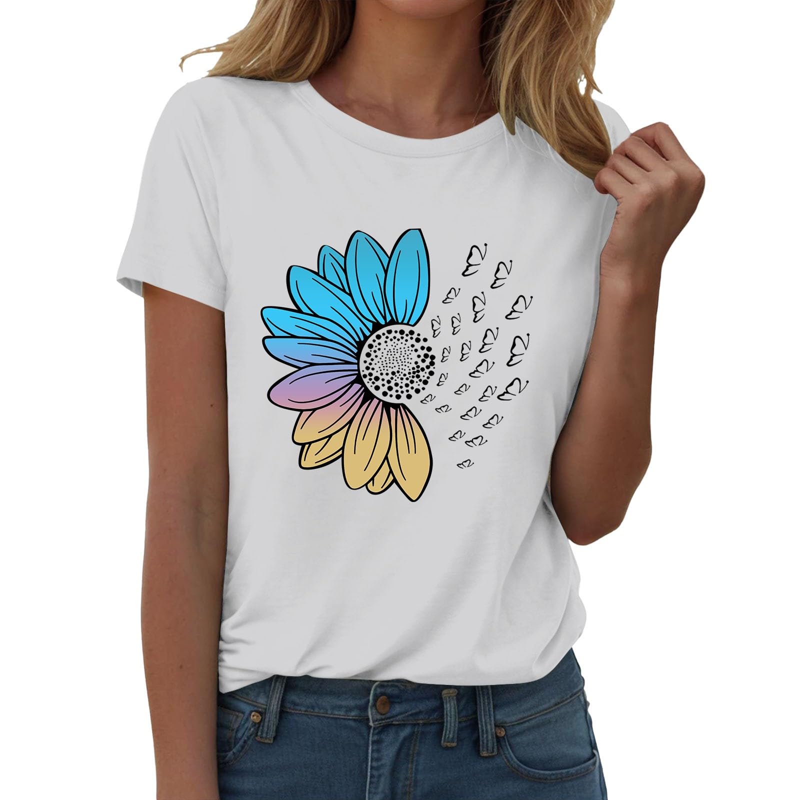 T-shirt Manches Courtes Femme Élégant 2025 Chemise Col rond Curvy Chemises avec Fleurs Imprimé Loose Maillots Couleur Unie Casual Vêtements Basic T-shirt Femme Signé Vintage Mode, aubergine, Small