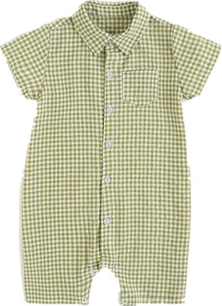 Baby Boys Gentleman Romper Plaid Shirt Short Sleeve Button Down Bodysuit Casual Clothing Outfits