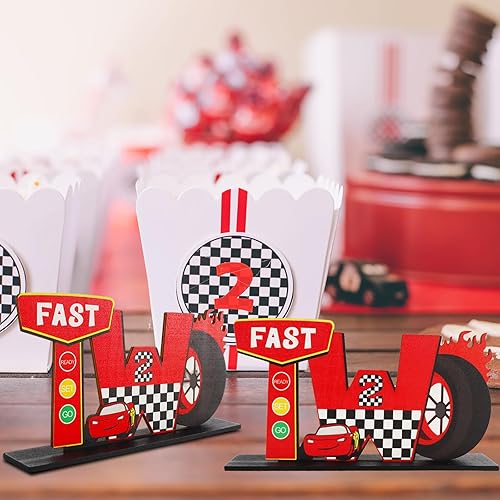 Miniatura 5 de Carteles de dos letras de auto de carreras rápidos para centros de mesa de la tabla para decoraciones de segundo cumpleaños para niños, suministros