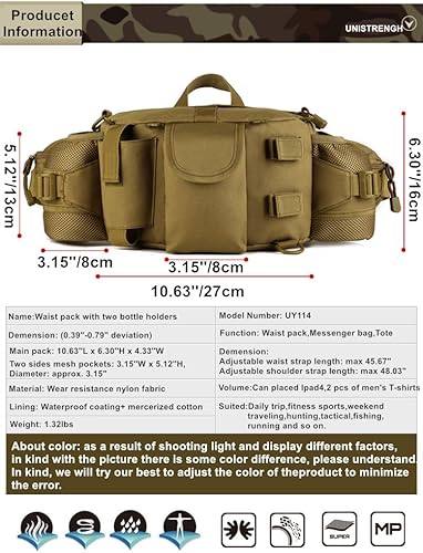 Miniatura 3 de UNISTRENGH Riñonera táctica con 2 bolsillos para botella de agua, riñoneras militares, impermeable, para caza, senderismo, correr, Negro -