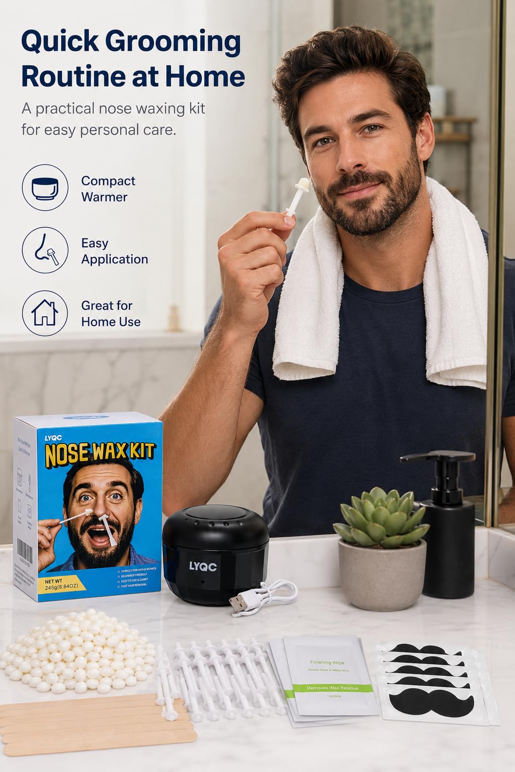 Nasenwachs-Set für Herren, Mini-Wachswärmer für Nase, Augenbrauen, Ohren, Haarentfernung, Wachsset mit USB-Schnellheizung, inklusive 100 g Perlen und 30 Stäbchen, tragbare Wachsmaschine, geeignet