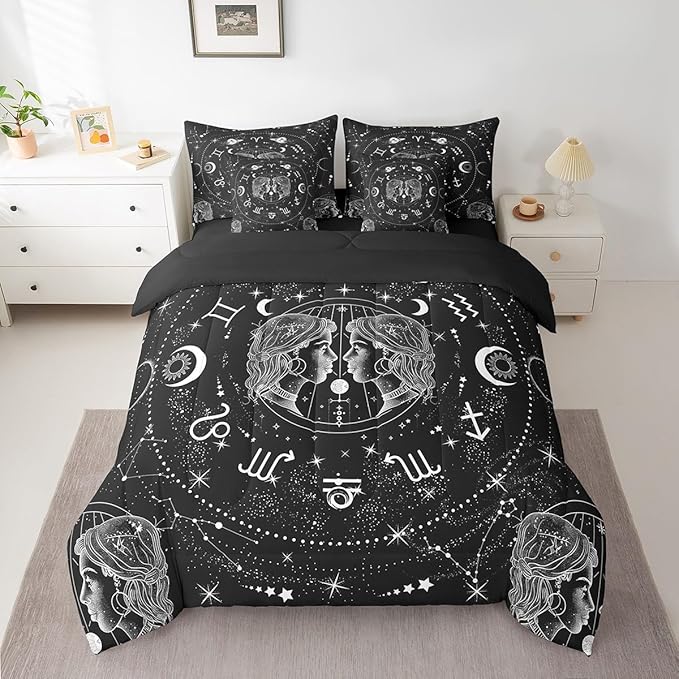 Sun Moon Comforter Set Queen, 7 Pieces Constellation Gemini Bed In A Bag Zodiac Signs Astrology Bedding Starry Sky Bedding (1 Comforter,2 Pillowcase,2 Throw Pillow Covers,1 Flat Sheet,1 Fitted Sheet)