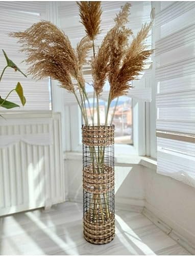 Handmade Jute Woven Metal Wire Vase - Ecru Pampas Grass Holder, Rustic Bohemian Decor, 1 Piece - Ecru