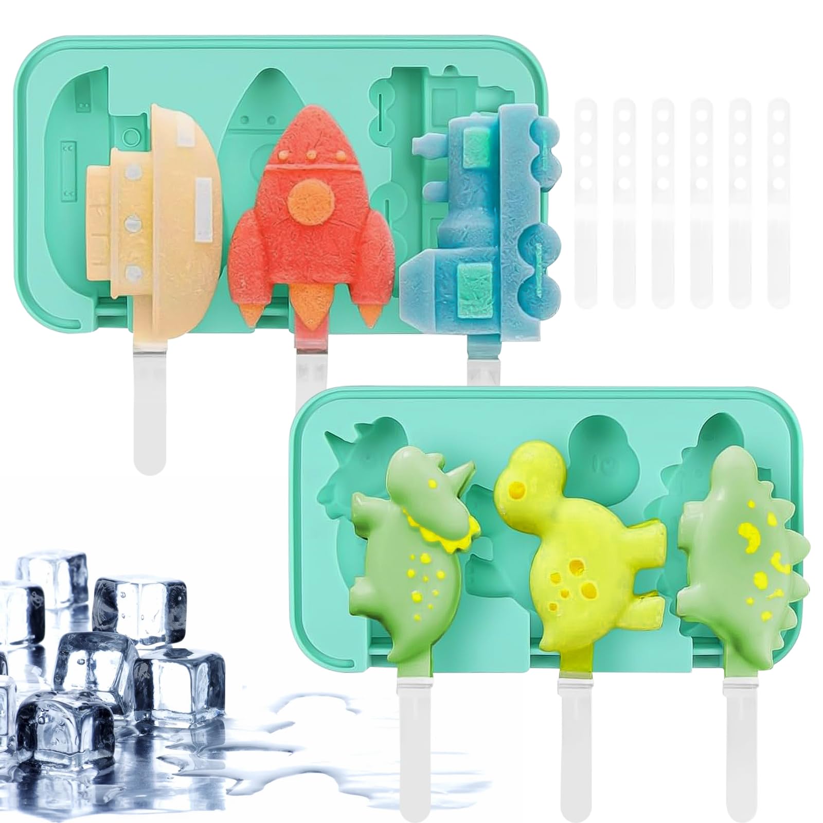 Stampi per Ghiaccioli, 2 Stampi per Gelato in Silicone, Ghiaccioli Stampo Bambini con Coperchio e Bastoncini, Dinosauro Stampo per Ghiaccioli, DIY Formine Ghiaccioli Riutilizzabili senza BPA