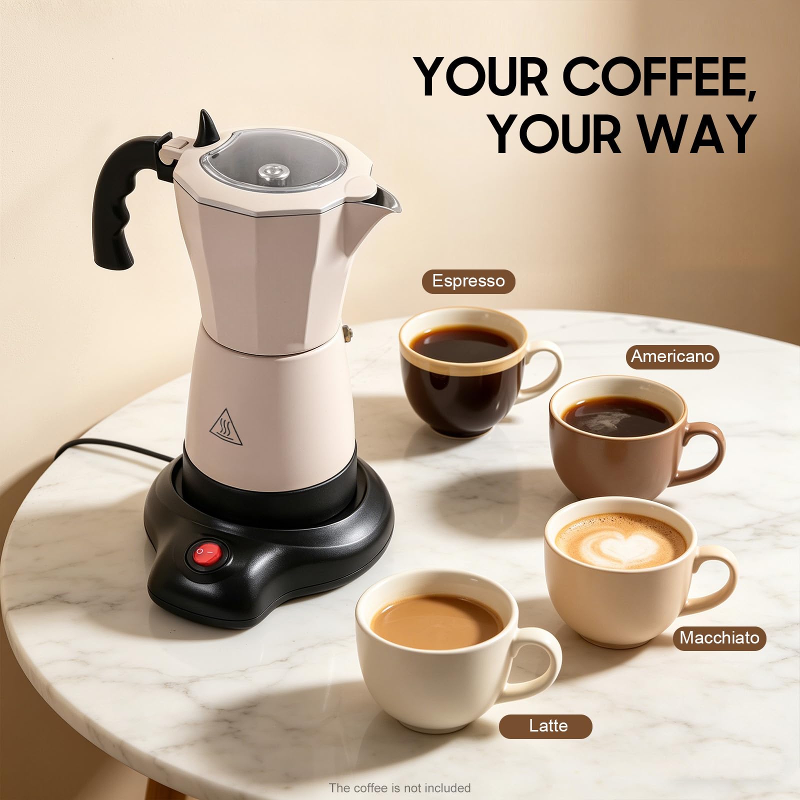 Cafetera eléctrica de 300 ml, cafetera espresso 6 tazas Italia Moka KanneOne-TouchVálvula de seguridad 360° Básica Portátil para el hogar Viaje, Blanco