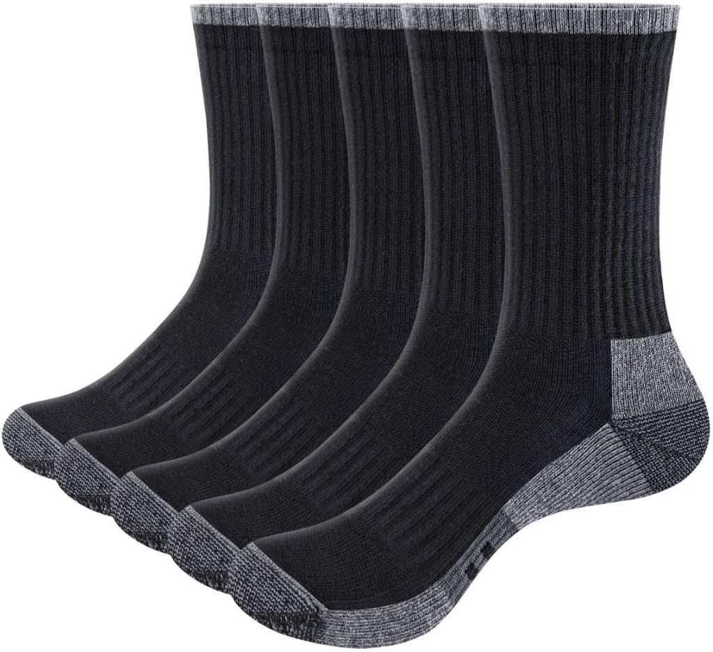 YUEDGE Mens Socks Moisture Wicking Cushioned Anti-Odor Work Socks Thick Casual Cotton Crew Socks For Men, 5 Pairs