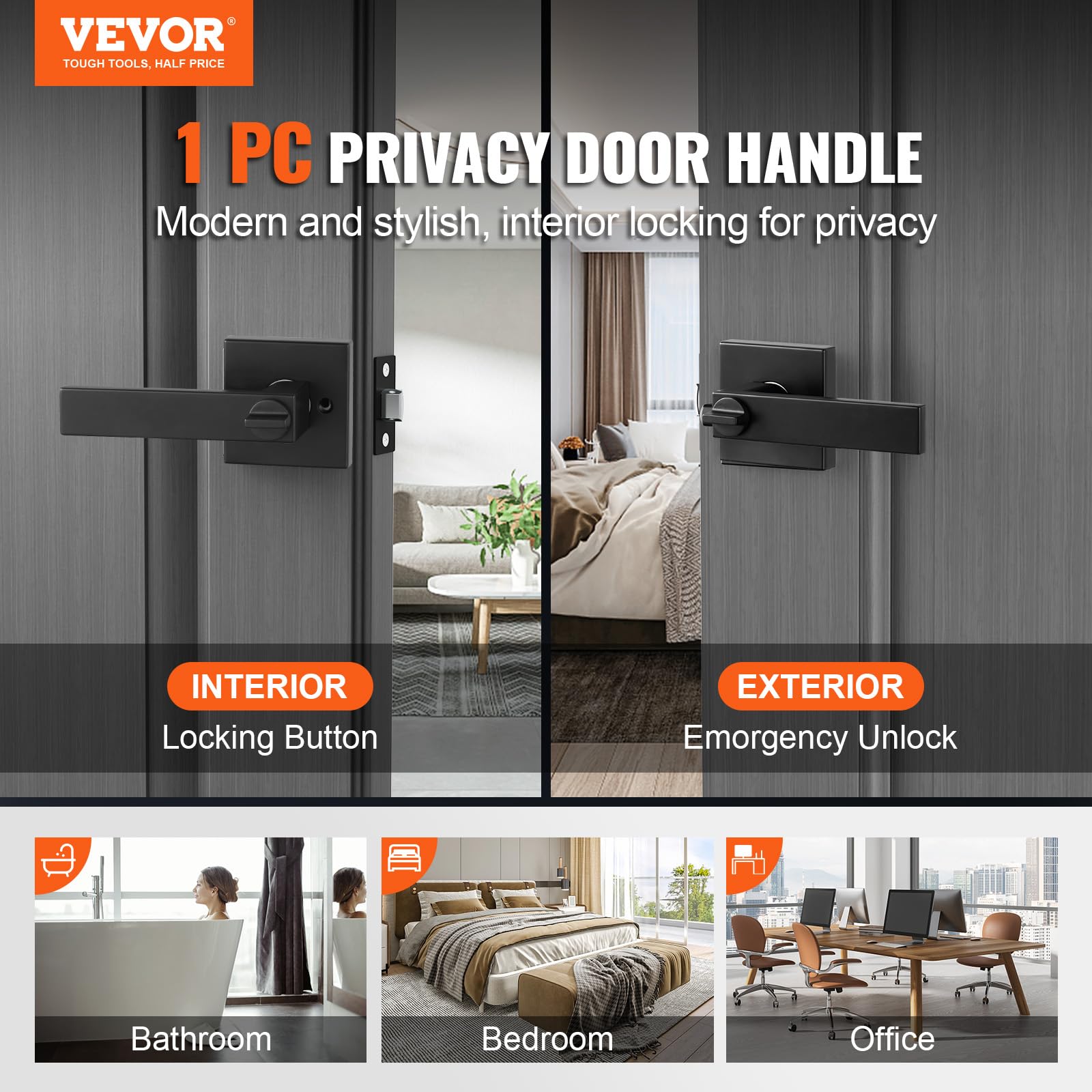 VEVOR Poignées de Porte Intérieure 5 Paires, Poignée de Porte à Condamnation avec Béquille Réversible Droite-Gauche, Verrouillage sans Clé, Rotation 45° pour Ouvrir, Salle de Bains Toilette, Carré