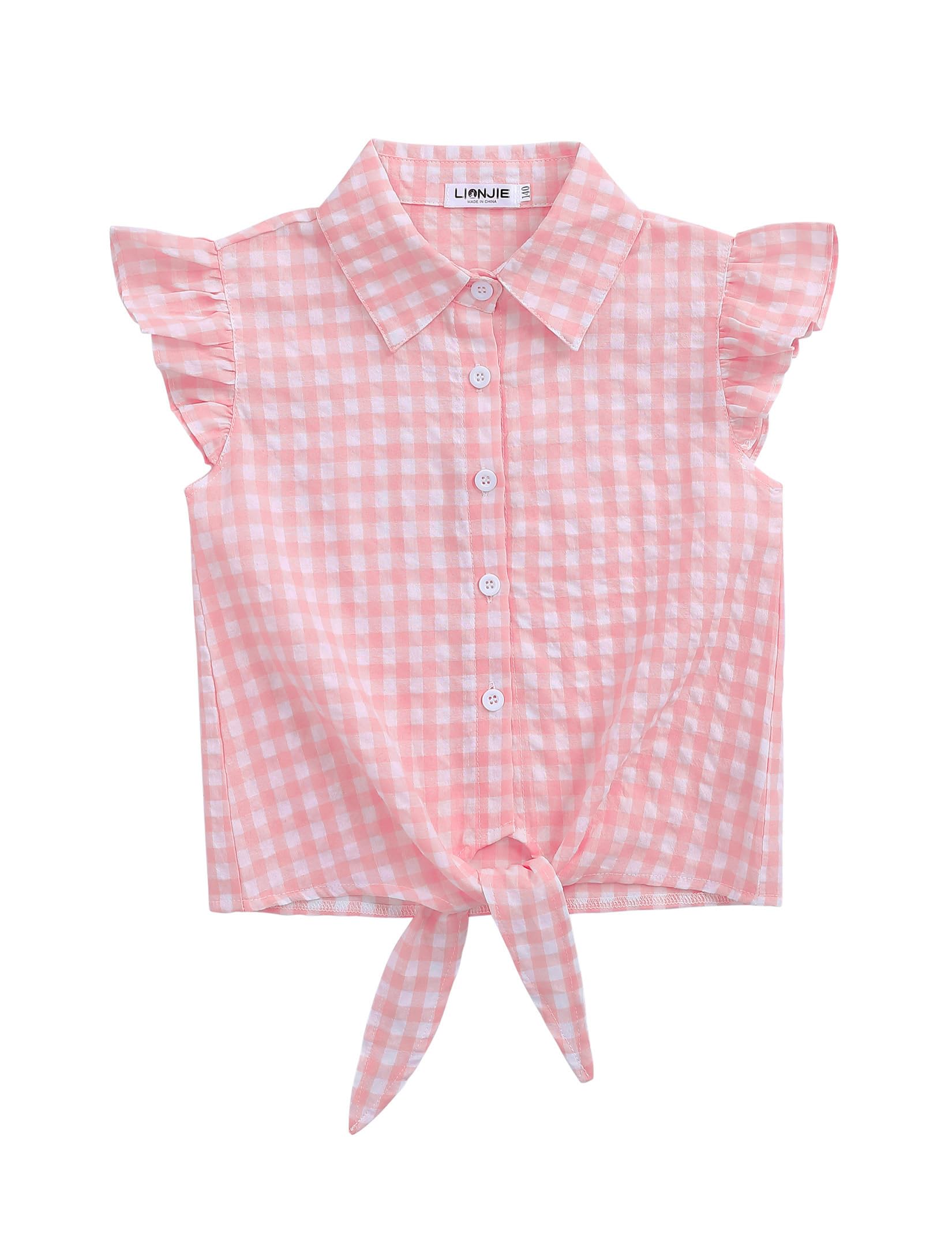 Girls Sleeveless Plaid Button Down Shirt Summer Crop Tops Tie Knot Ruffle Sleeve Shirt Blouse 3-12Y