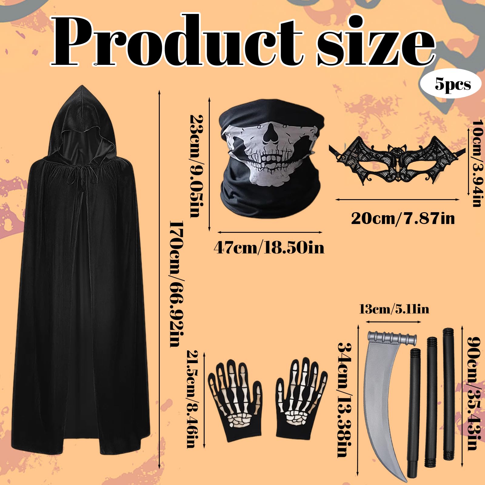 5 Pcs Grim Reaper Costume, Halloween Costume Set including Black Cloak, Skeleton Mask, Gloves, Scythe and Lace Eye Mask - Image 2