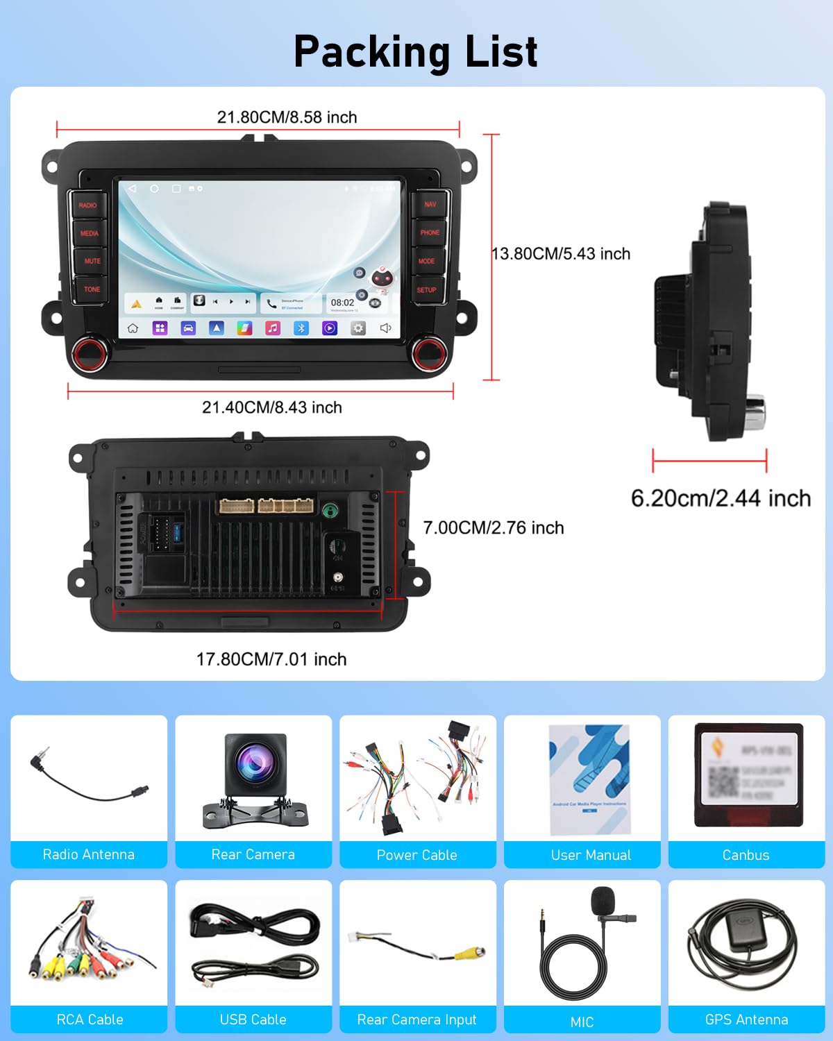 NHOPEEW 7 Zoll 2 + 64G Android Autoradio für VW Passat b6 b7 Golf 5 6 Jetta T5 EOS Polo Touran Seat Sharan - Unterstützung Drahtlos Carplay & Android Auto WiFi GPS FM RDS Mirror Link + Rückfahrkamera