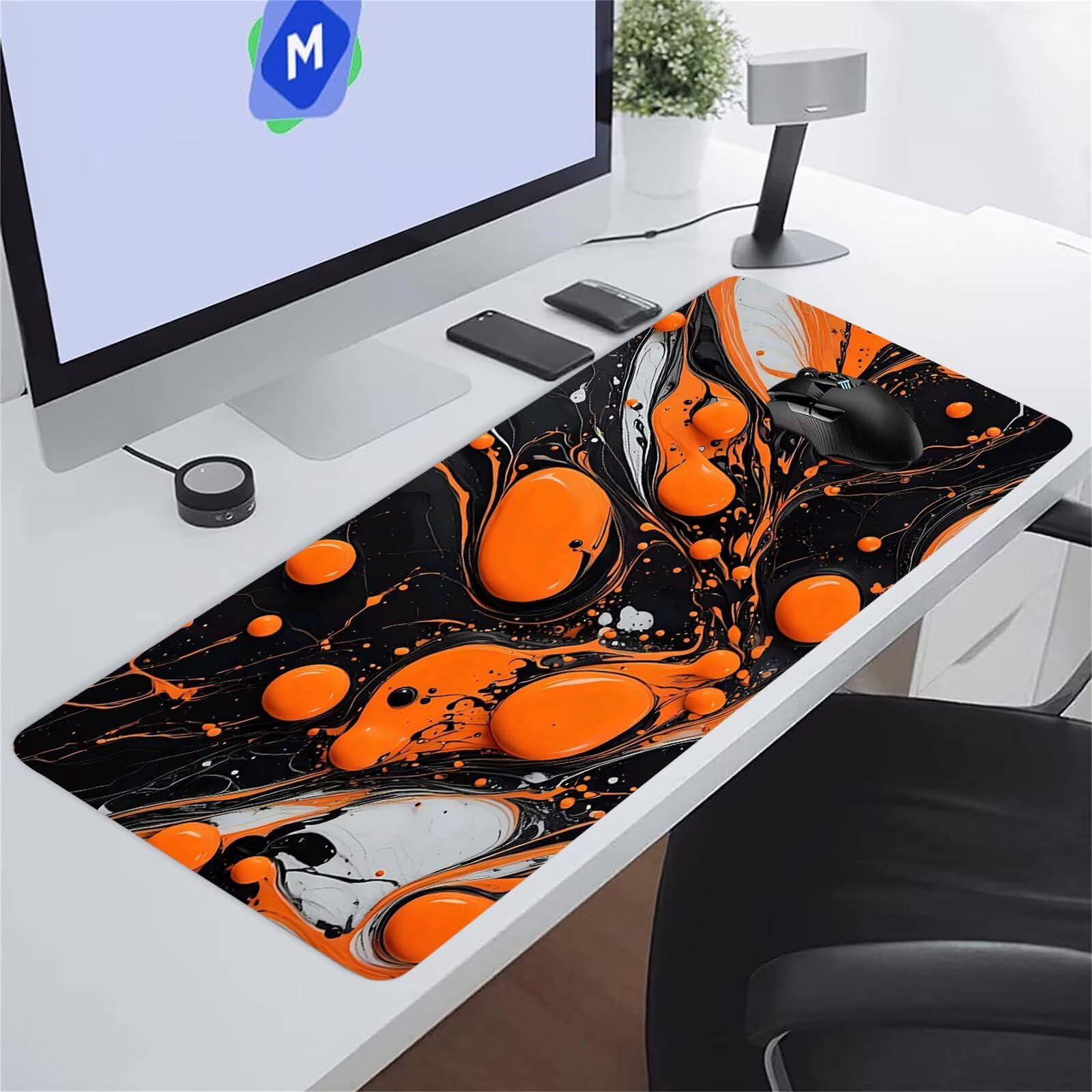 Grand Tapis de Souris XXL Fluide Jaune Noir 1200 x 600 x 3mm, Tapis de Bureau Gamer avec Bords Cousus et Base Antidérapante pour Haute Précision et Vitesse