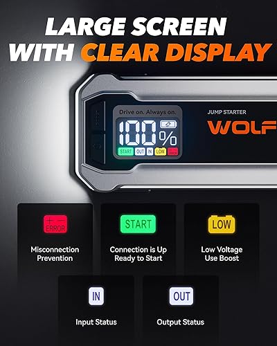 Miniatura 6 de WOLFBOX Arrancador de 4000 A, batería de coche de 12 V con cargador rápido de 65 W y plumero de aire eléctrico WOLFBOX MF50 de 110000 RPM Super Power