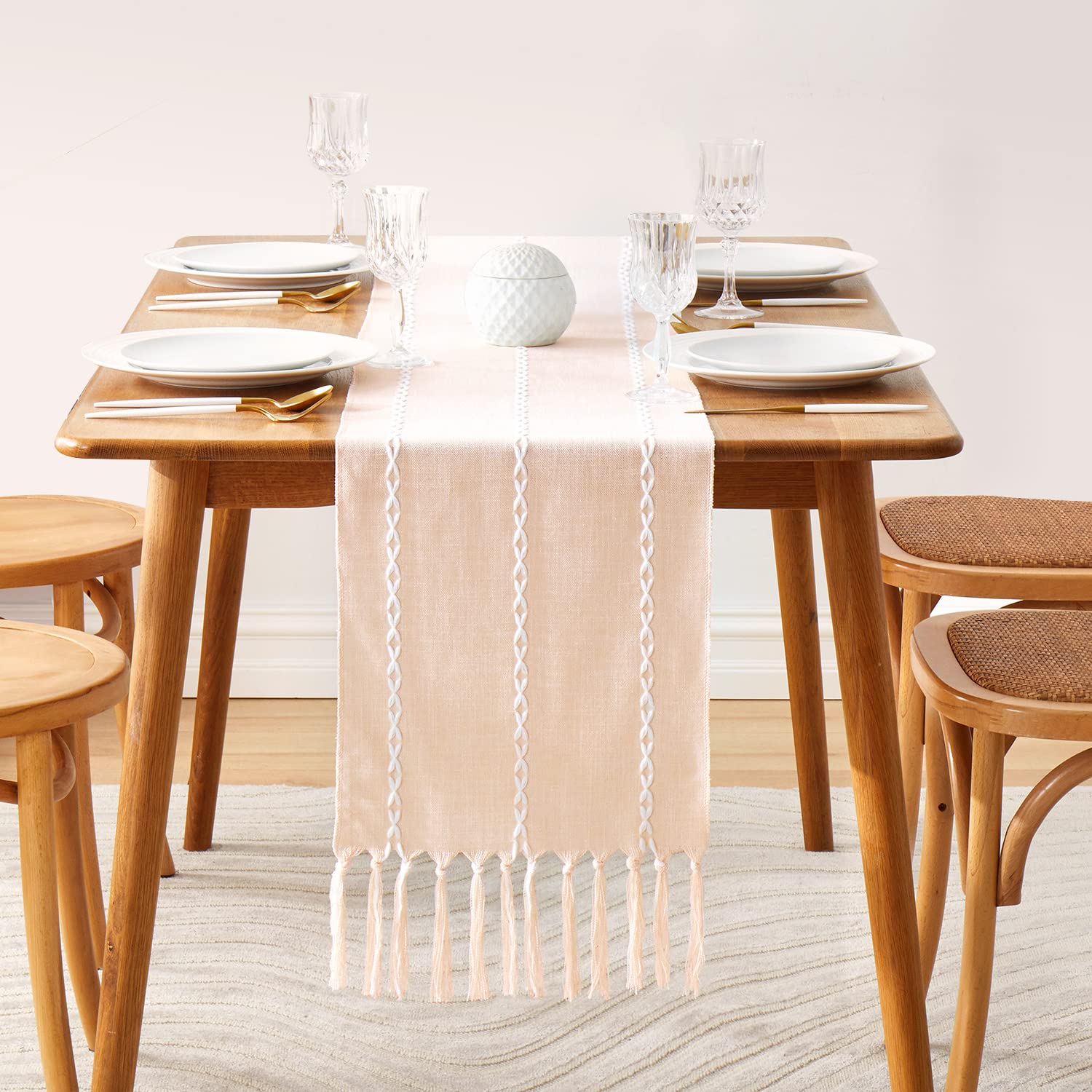 Photo 1 of Artcornet Rustic Linen Table Runner,Embroidered Farmhouse Table Runners with Hand-Tassels for Kitchen Dining Holiday Party Wedding Decorations (Pink,86) Pale-pink 14"W X 86"L