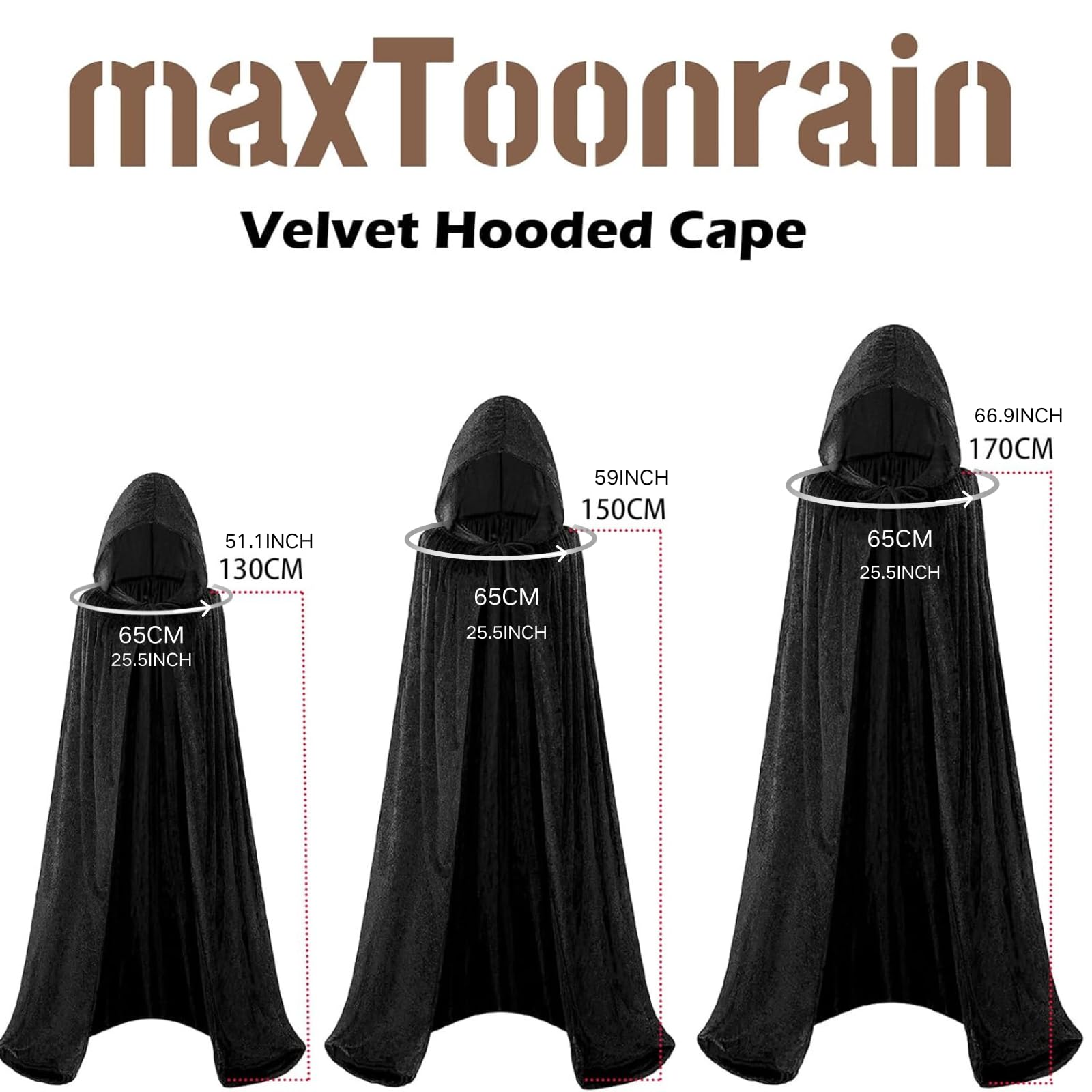 maxToonrain Velvet Hooded Cape for Adults Unisex Cloak with Hood for Halloween Christmas World Book Day Fancy Dress Costume (150cm-Black) - Image 3