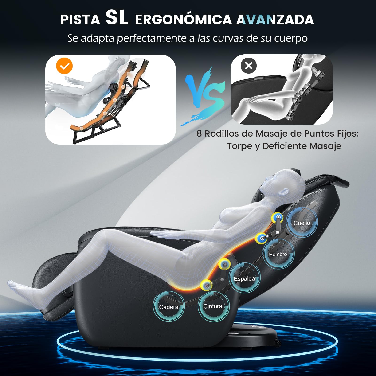 GOPLUS Sillón de Masaje de Pista SL, Reclinable de Cuerpo Completo con Gravedad Cero y Calentador de Cintura, Detección Automática de Hombros, Control Remoto, Ruedas y Almohada (Negro)