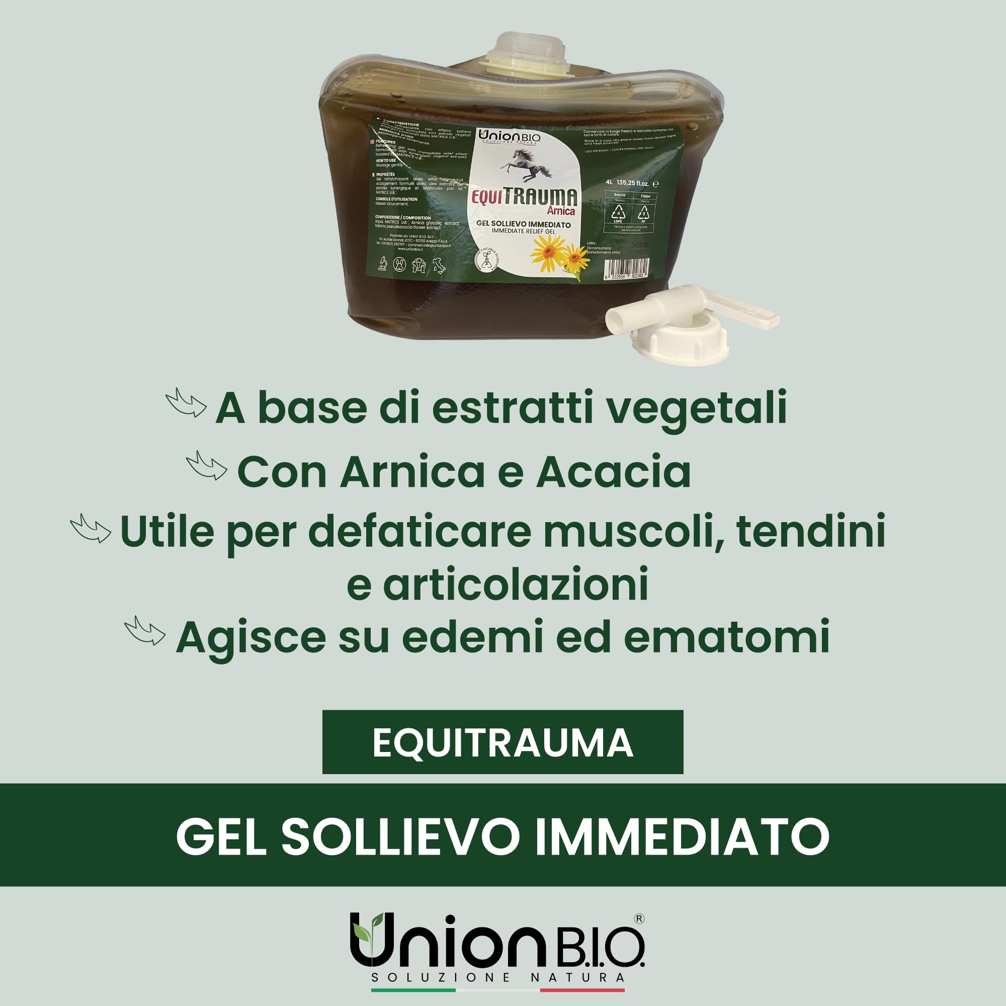 UNION B.I.O. SOLUZIONE NATURA Equitrauma Gel Arnica Montana per Cavalli e Uso Umano 4LT
