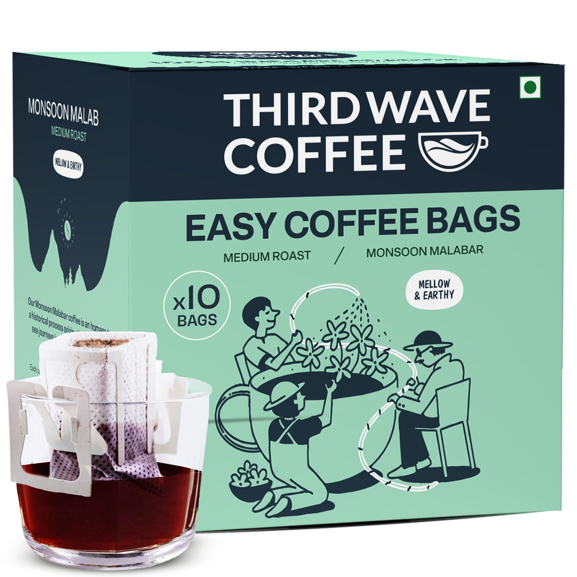 Third Wave Coffee Roasters Easy Instant Coffee Bags - Arabica, Medium Roast, Freshly Ground, Monsoon Malabar, Mellow & Earthy, No Preservatives - Pack of 10